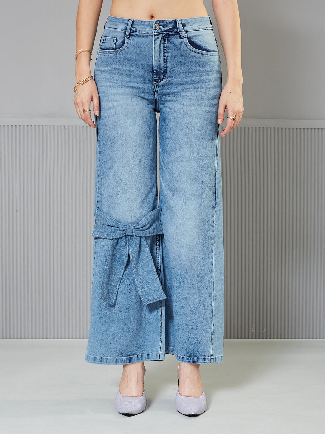 Light-Blue Statement Bow Wide-Leg High-Rise Regular Stretchable Denim Jeans for Women