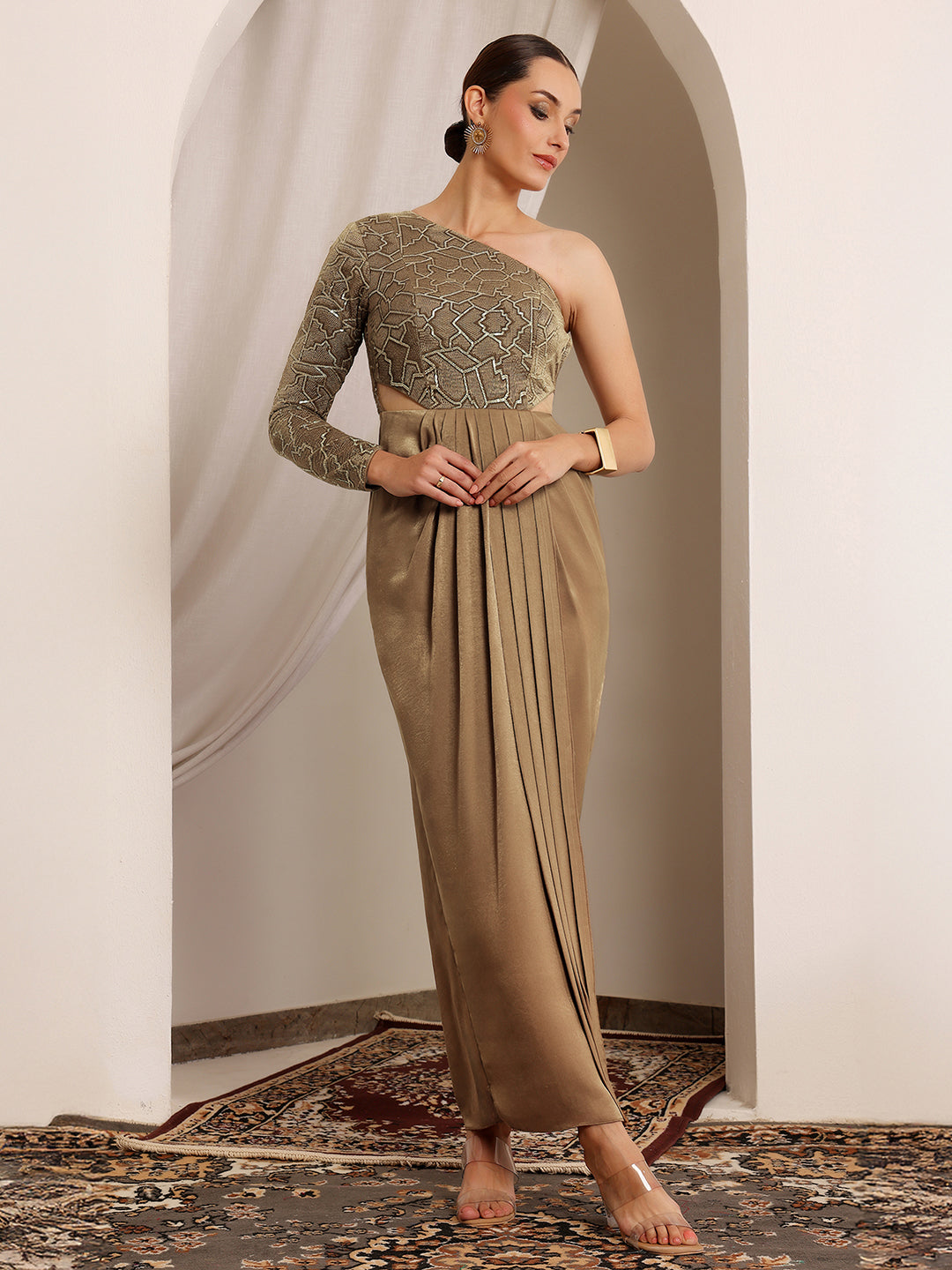 Damayanti Zari One-Shoulder Velvet Maxi Dress