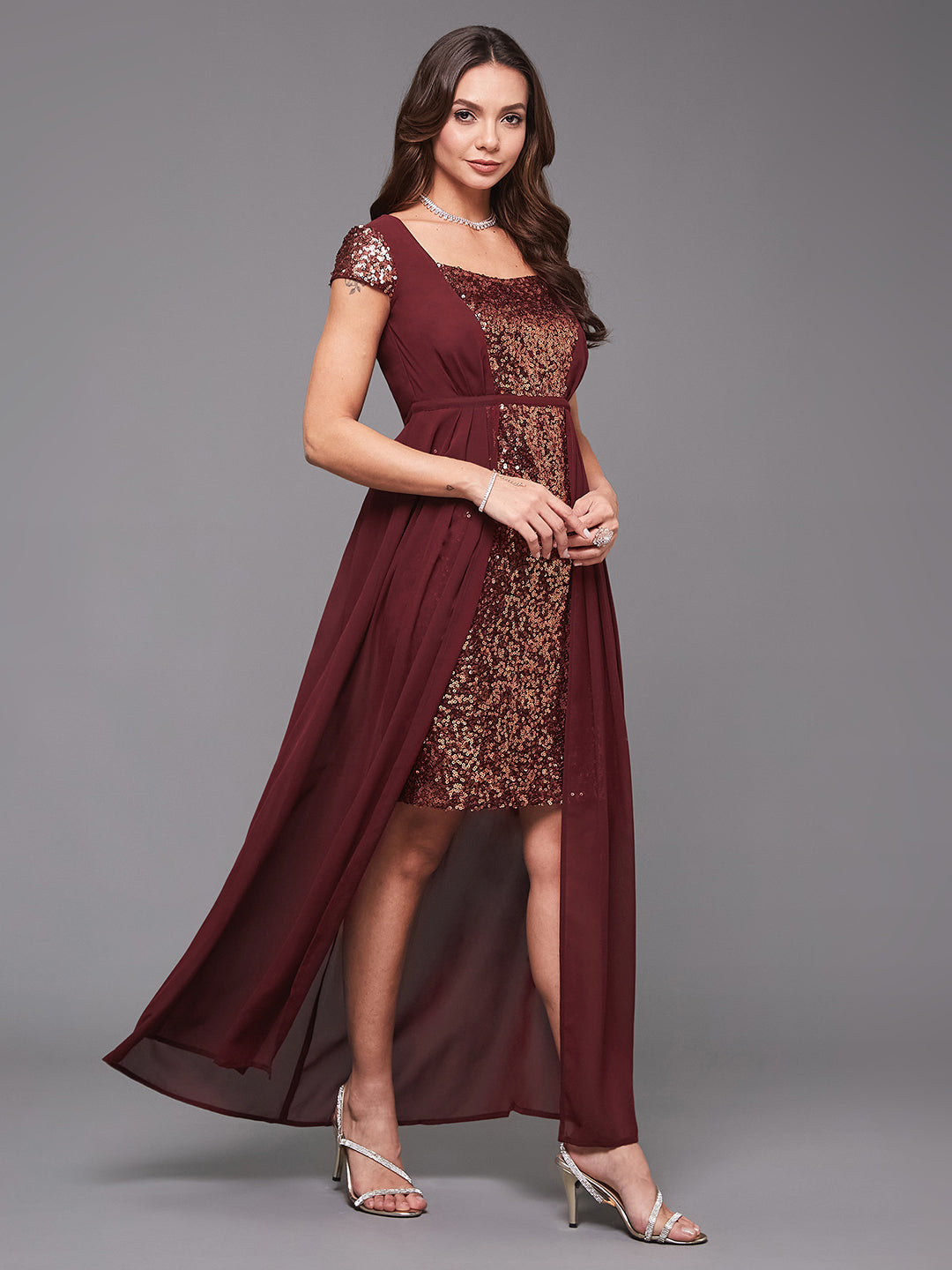 Wine Cap Sleeves Sequinned Dress with Cape