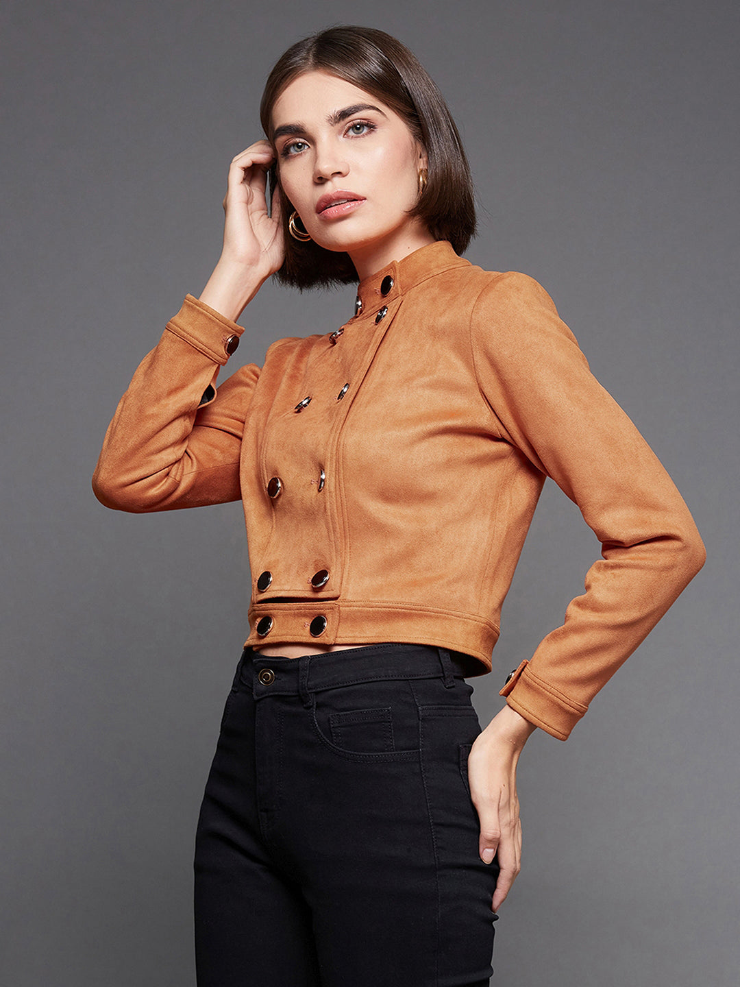 Women's Burnt Orange Mandarin Collar Full-Sleeve Solid Double Breasted Cropped Polyester Jacket