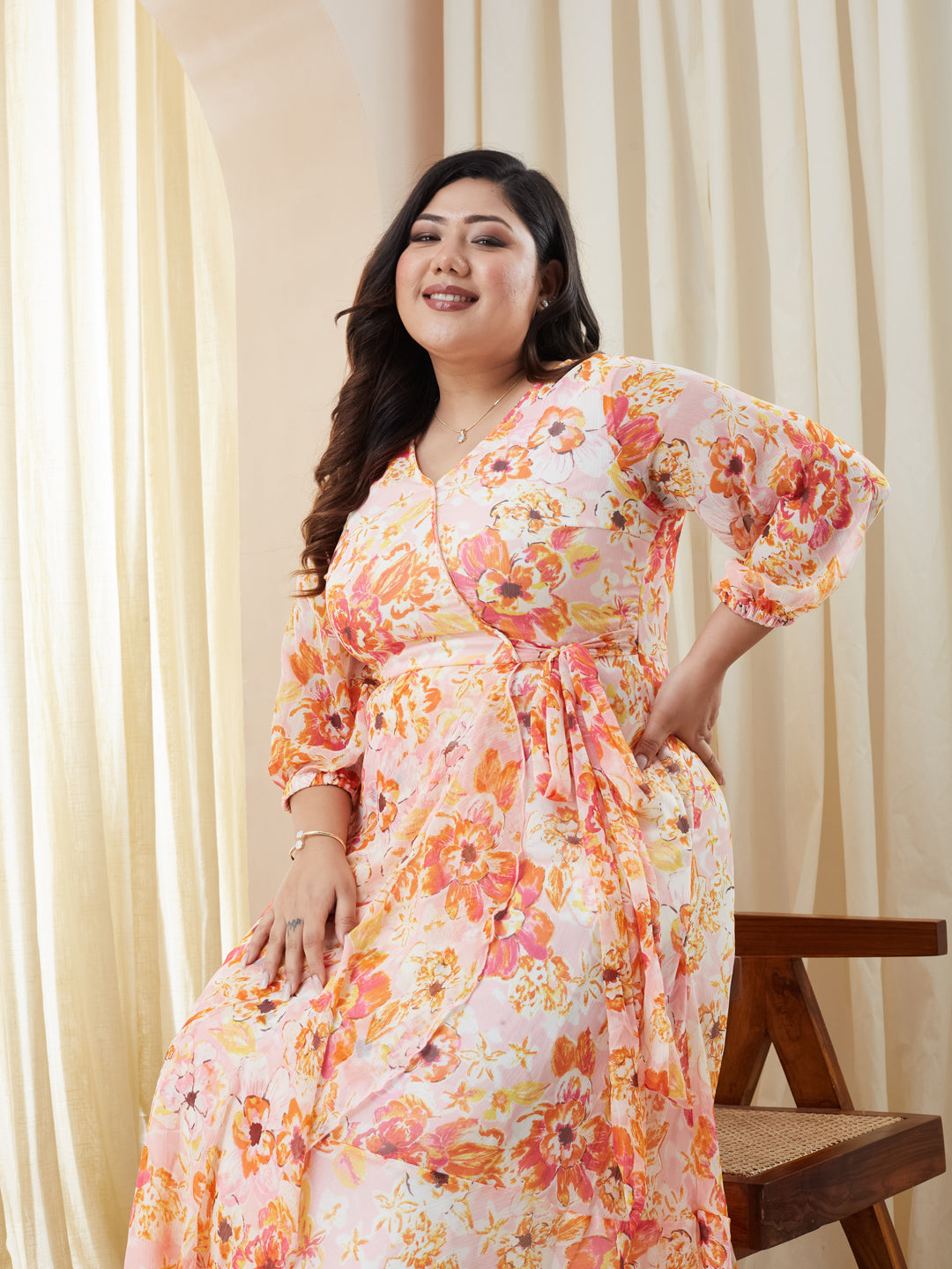 Pink & Orange V-Neck Bishop Floral Layered Chiffon Maxi Dress for Women