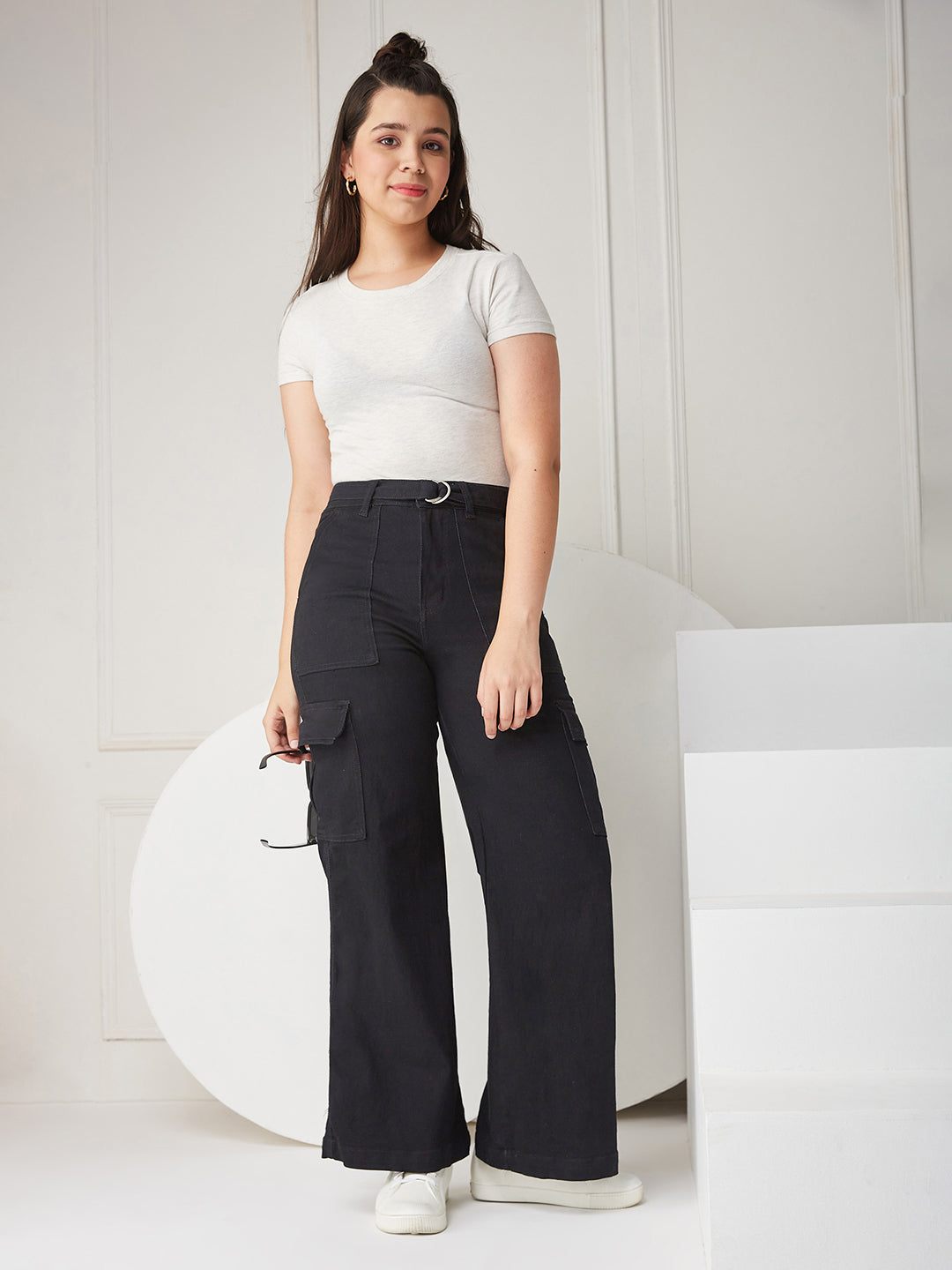 Black Wide-leg High-rise Clean-look Regular Stretchable Denim Jeans