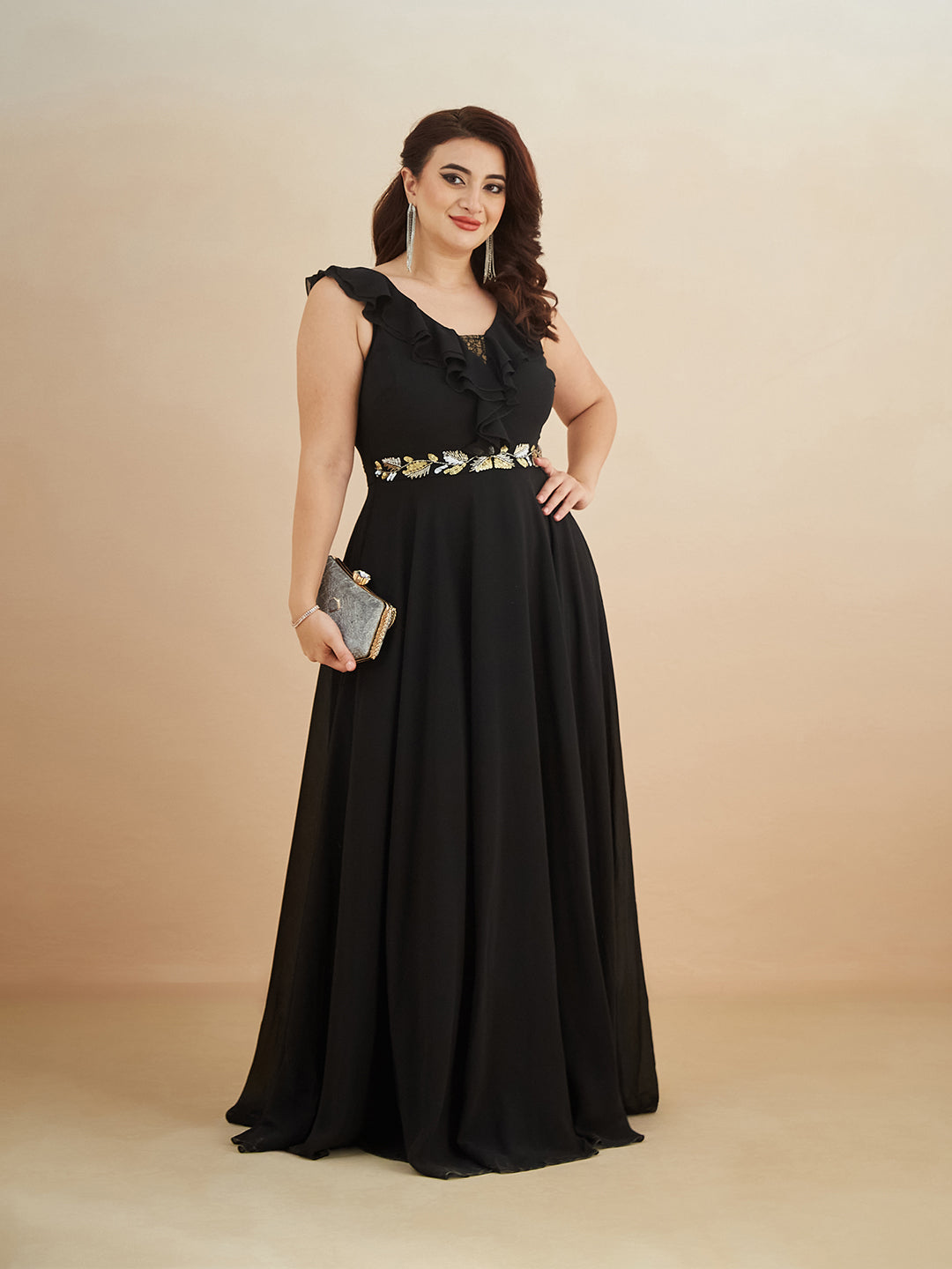 Black Sleeveless Embroidered Ruffled Georgette Maxi Dress for Women