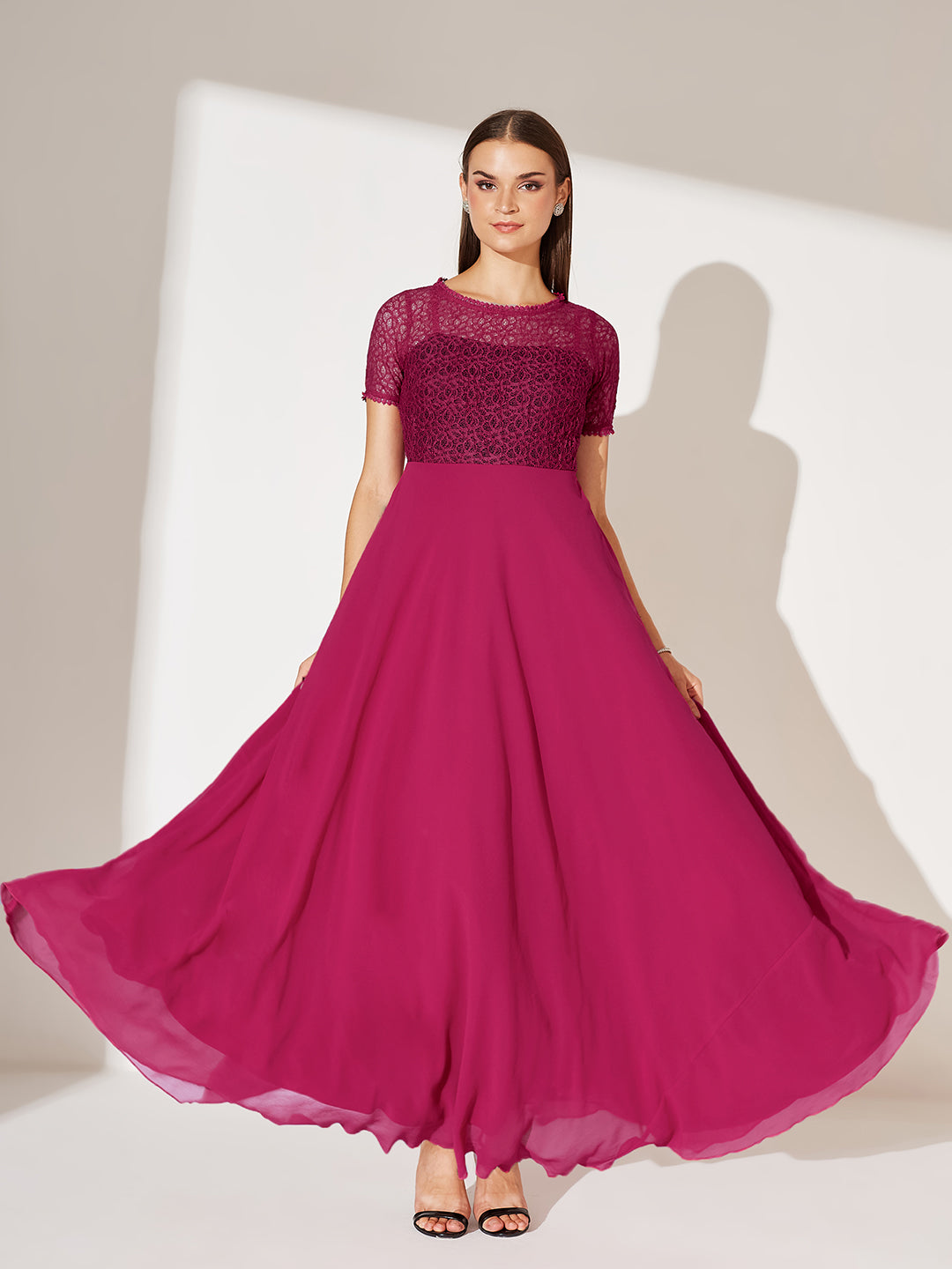 Dark Pink Round neck Half Sleeve Solid Lace Overlaid Maxi Dress for Women