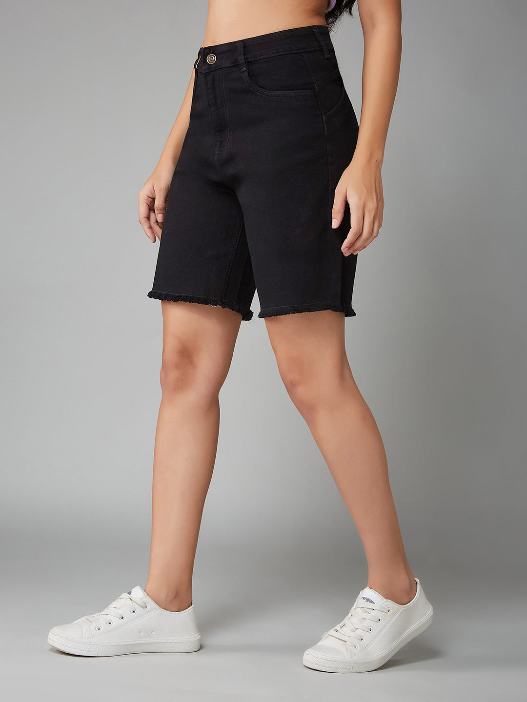 Black Regular High-Rise Clean-Look Above Knee Stretchable Denim Shorts for Women