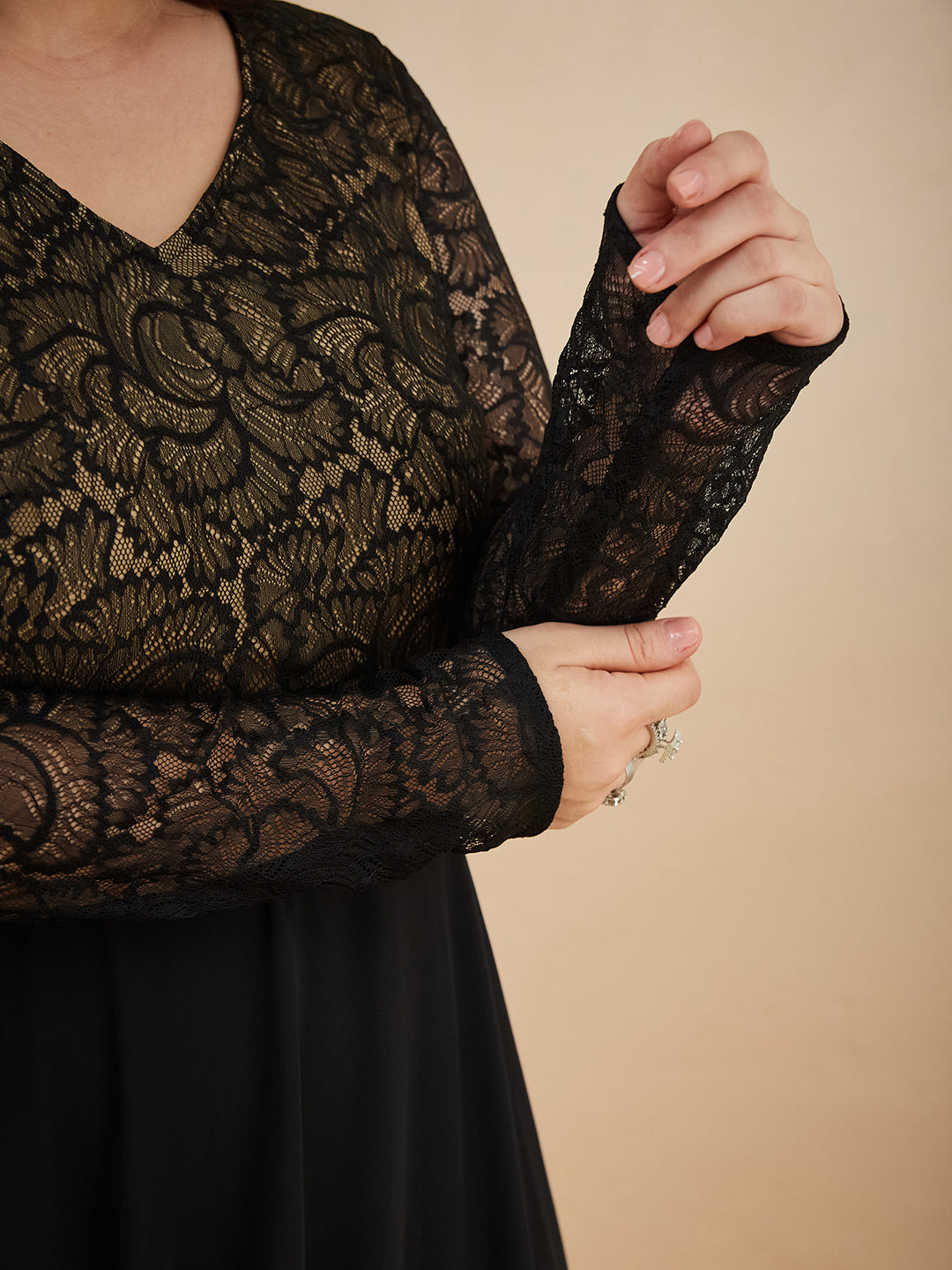 Black V-Neck Full Sleeve Self Design Lace-Overlaid Georgette Maxi Dress for Women