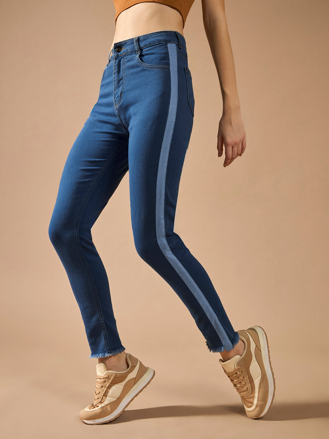 Women's Blue Skinny High-Rise Clean-Look Fringe And Silky Denim Tape Detailing Cropped Denim Jeans