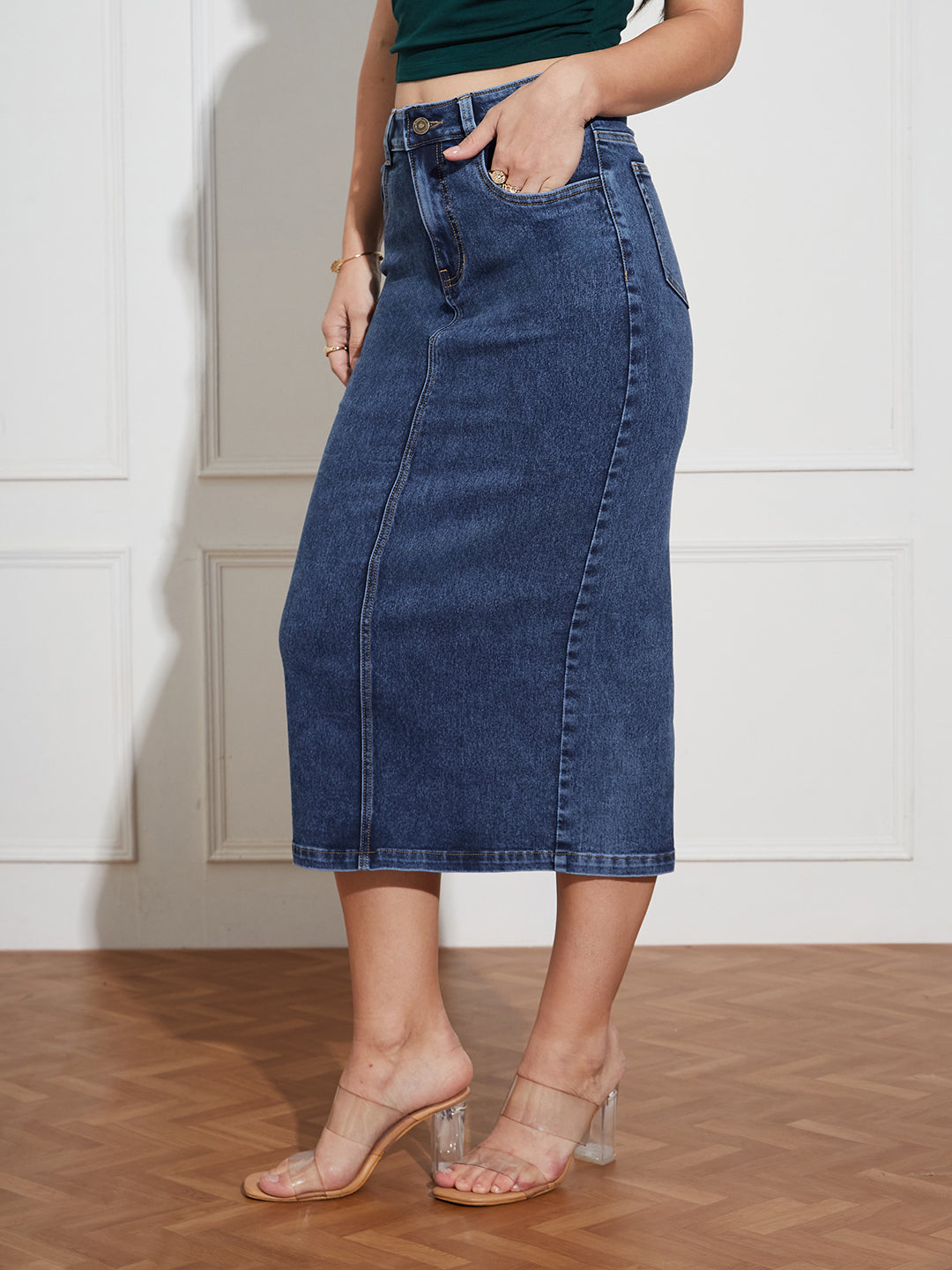 CHASEshape™ Women's Dark Blue High-Rise Stretchable Denim Midi Skirt with Back Slit – Shaping Fit