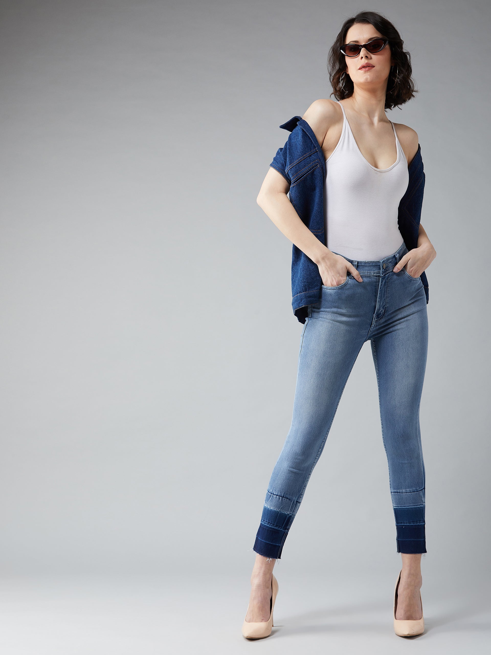 Women's Light Blue Skinny-Fit High-Rise Ankle Length Shaded Stretchable Denim Jeans