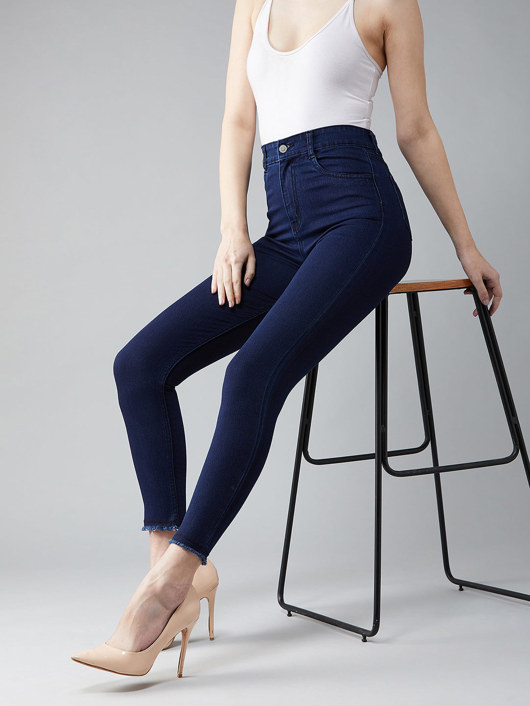 24/7 Comfort Navy-Blue Skinny High-Rise Solid Cropped Fringed Hemline Stretchable Denim Jeans