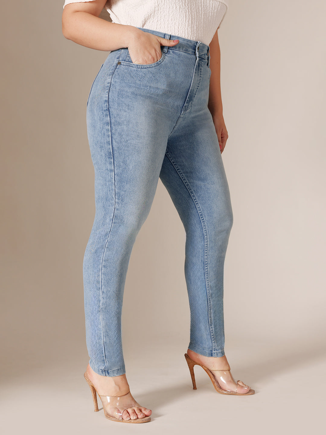 24/7 Comfort Light Blue Slim Fit High Rise Regular Length Light Wash Denim Stretchable Jeans for Women
