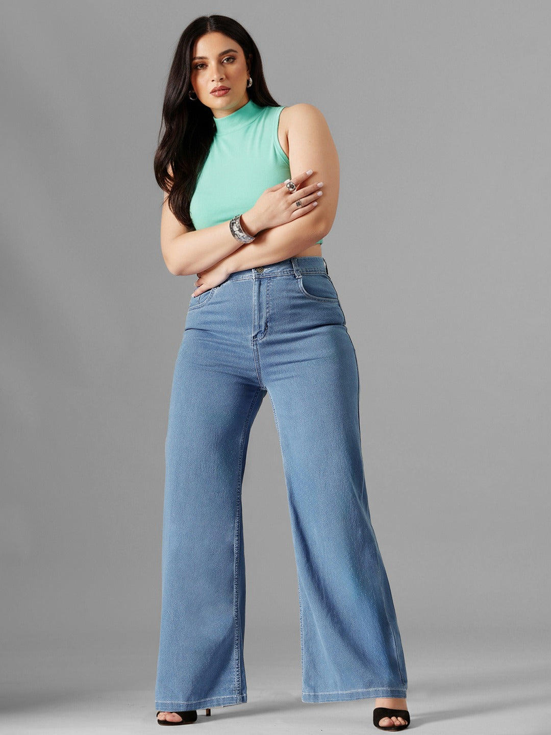 Blue Wide-Leg High-Rise Stretchable Denim Jeans for Women