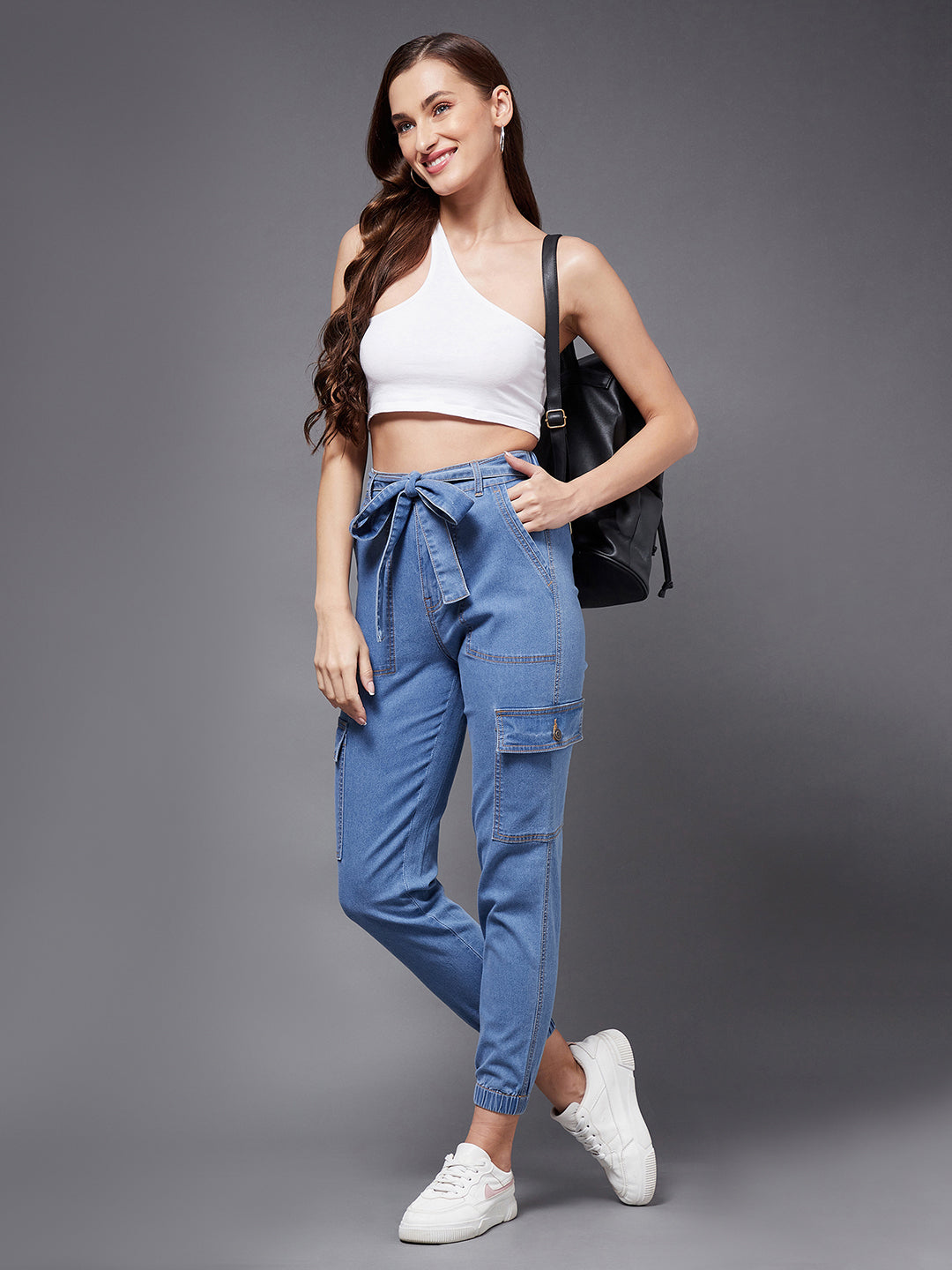 Women's Blue High-Rise Stretchable Denim Joggers