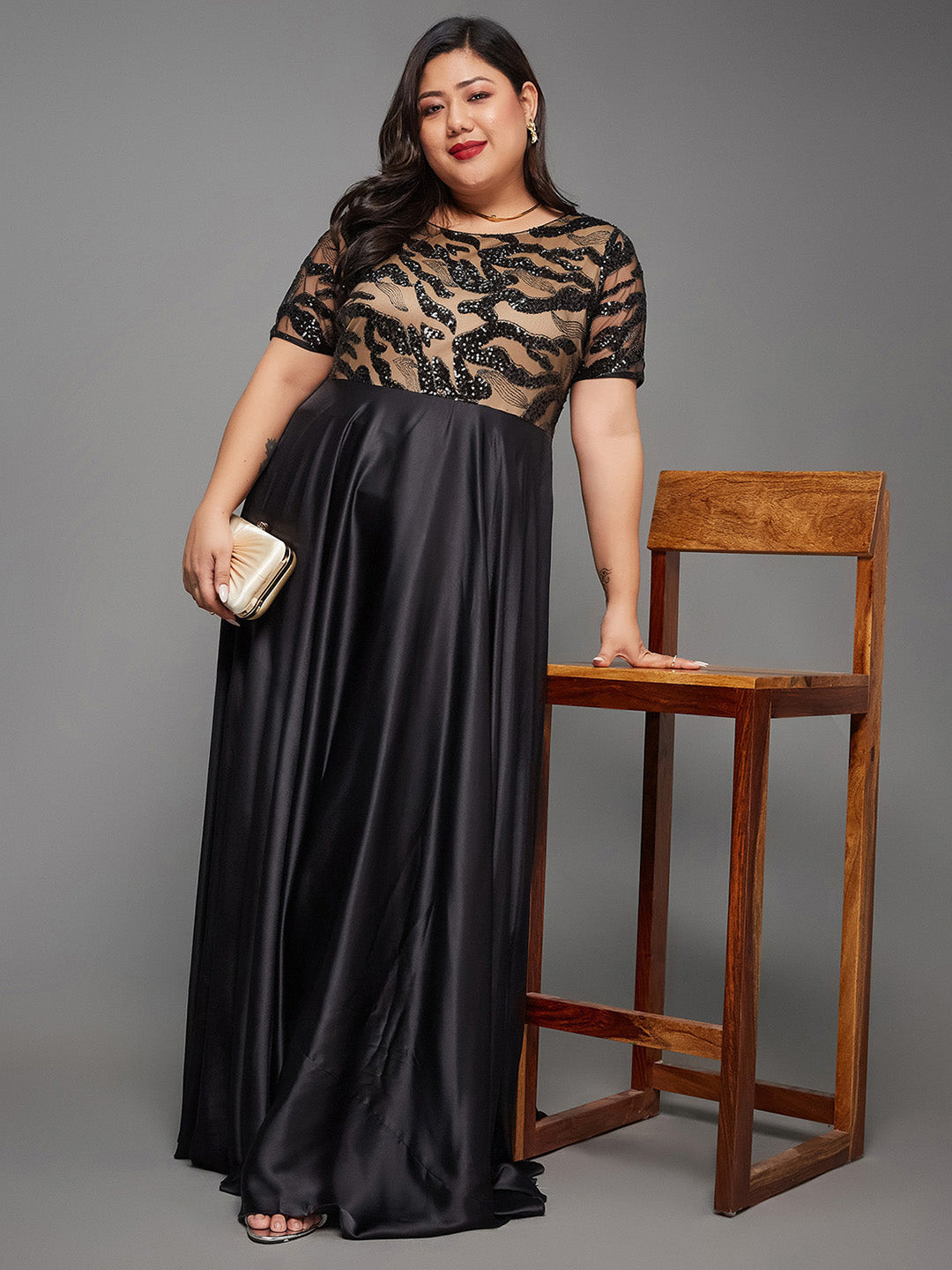 Body Bliss Black Abstract Fit & Flare Satin Maxi Dress