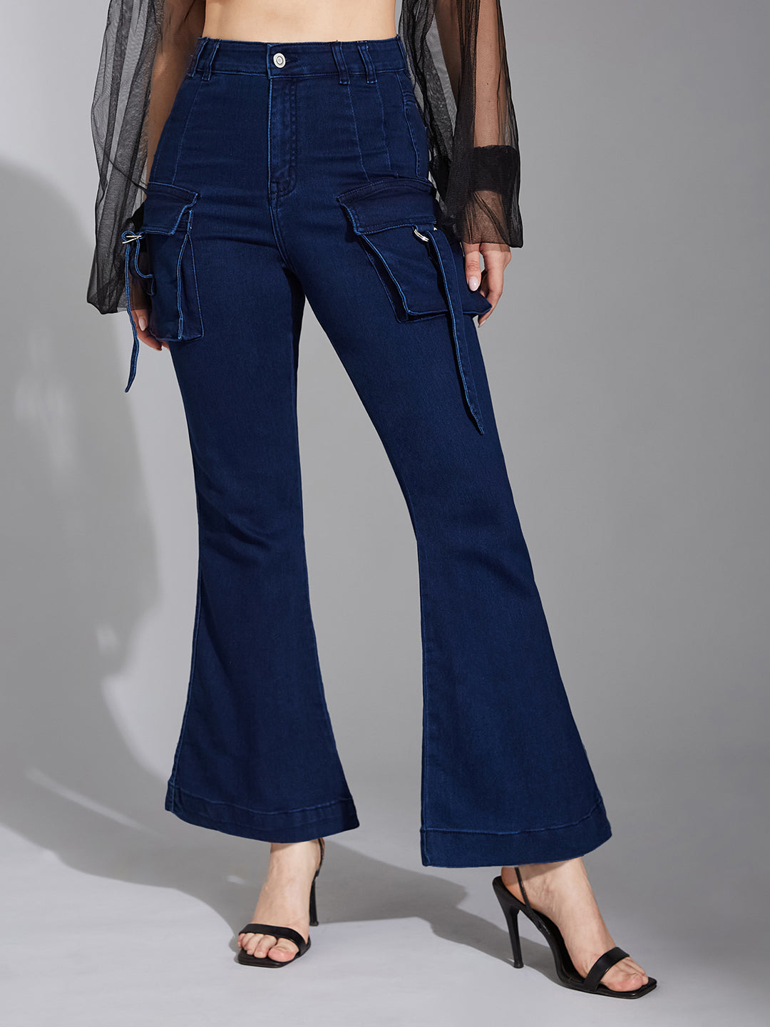 24/7 Comfort Navy-Blue Patch Pockets Bell-Bottom Bootcut High-Rise Stretchable Denim Jeans