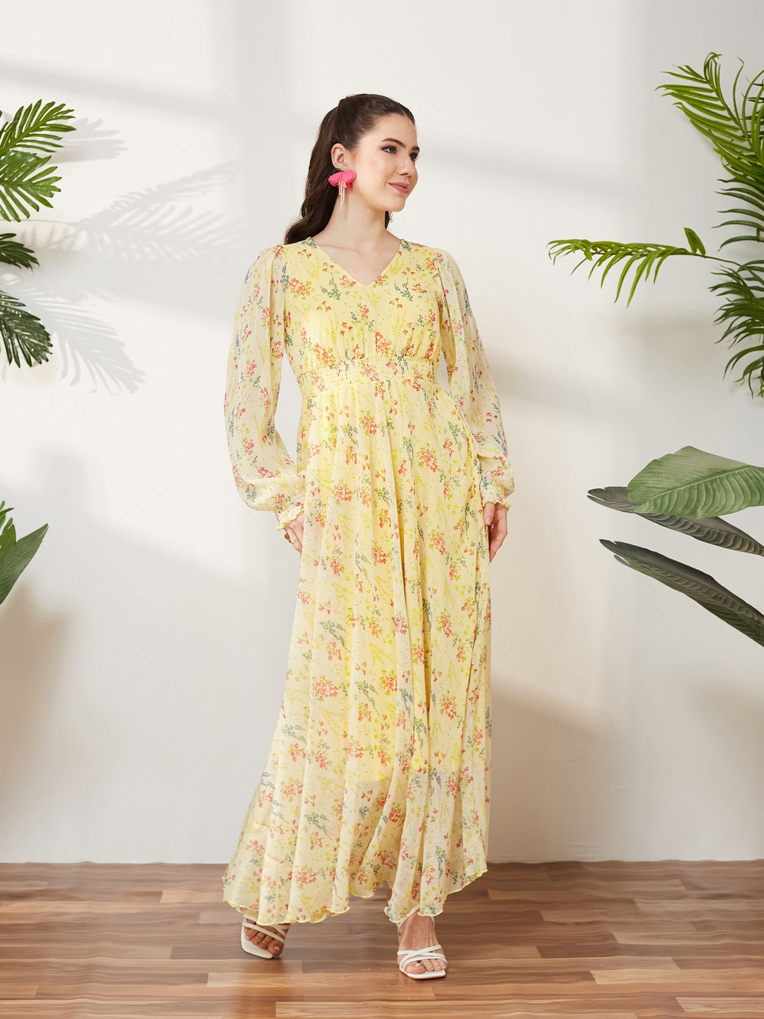 Lime Yellow V-Neck Bishop Sleeve Floral Gathered Chiffon Maxi Dress for Women