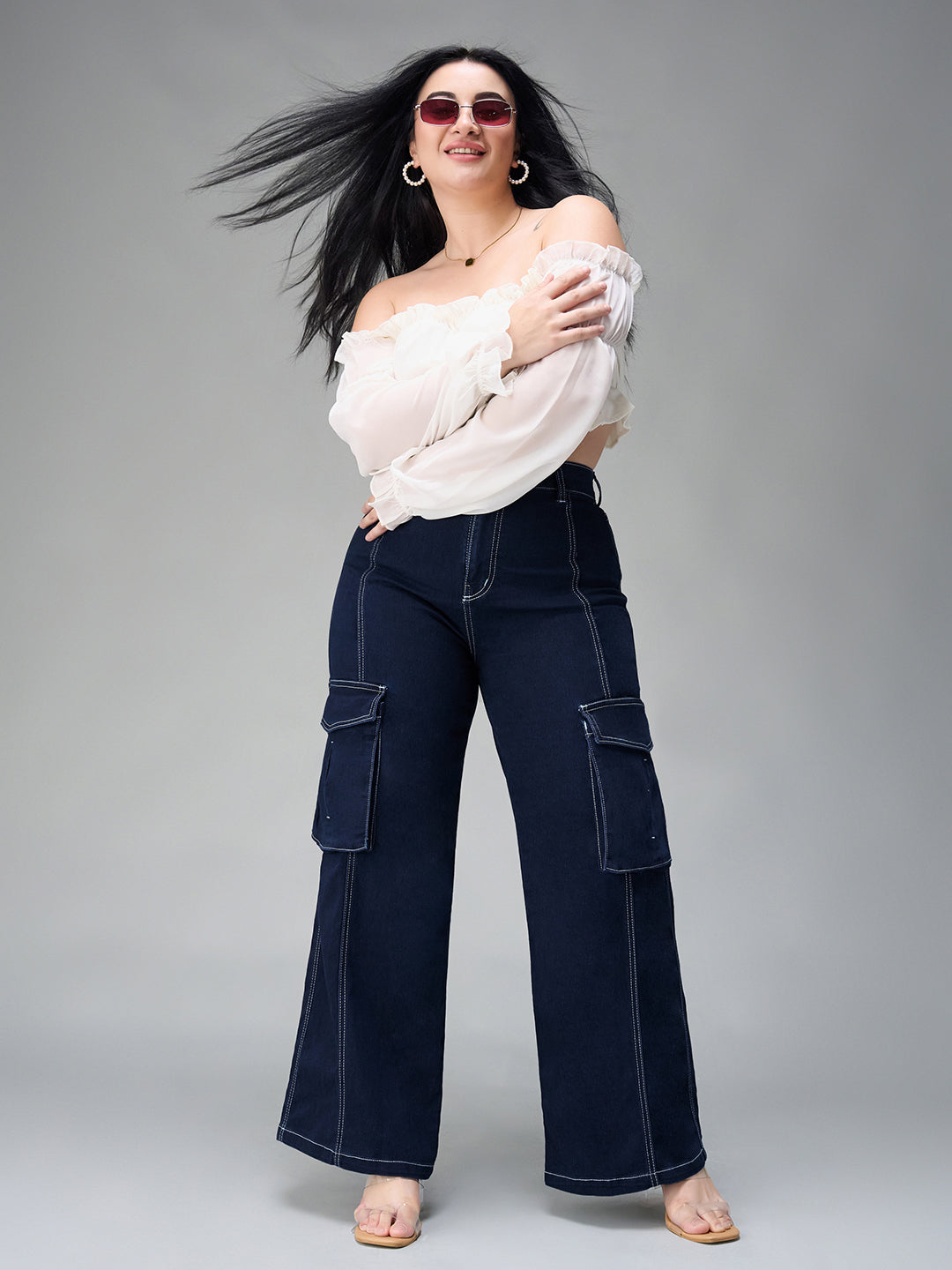 24/7 Comfort Navy-Blue Cargo Wide-Leg High-Rise Stretchable Baggy Denim Jeans