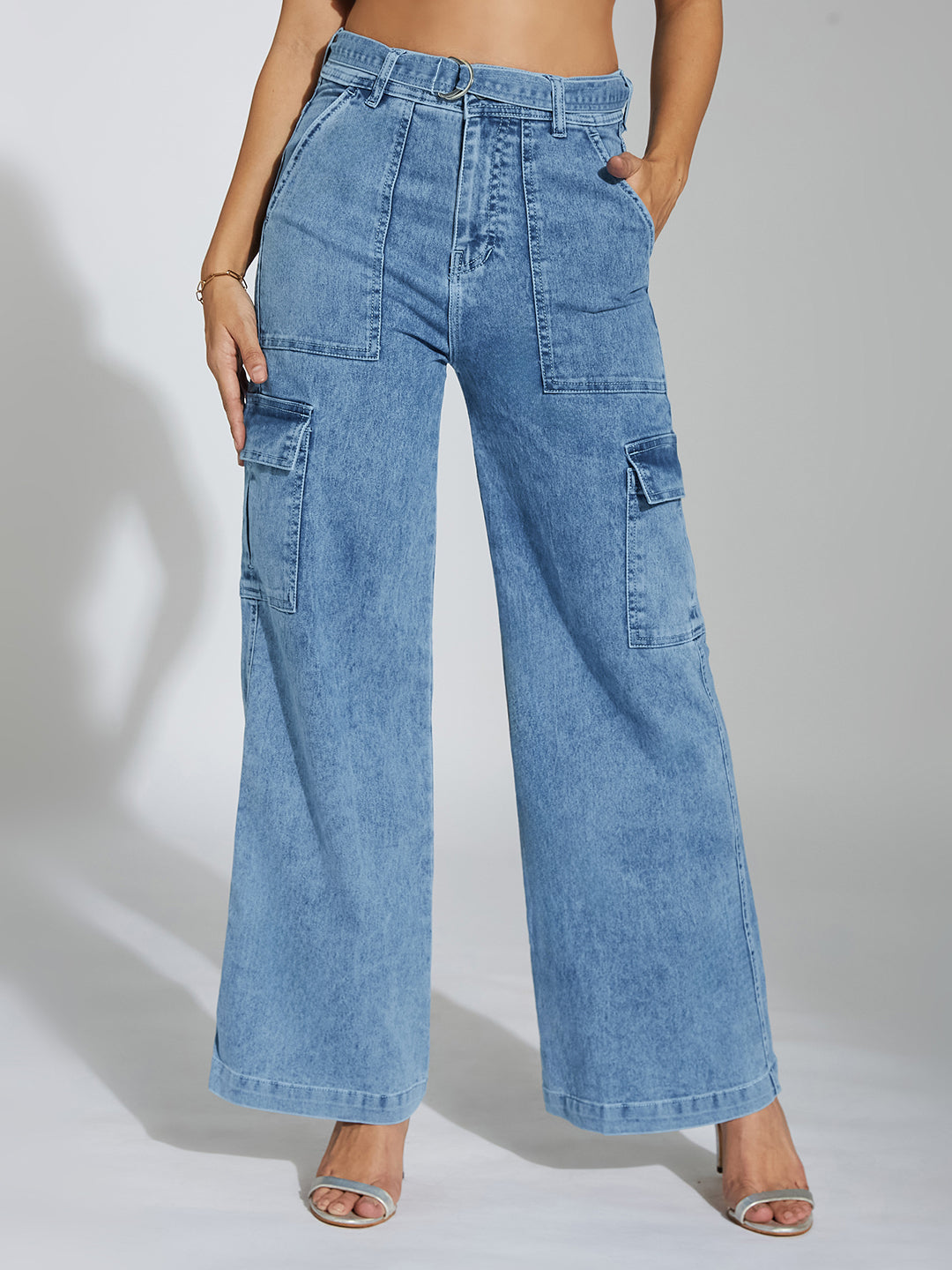 Women's Mid Blue Wide-Leg High-Rise Clean-Look Stretchable Cargo Denim Jeans