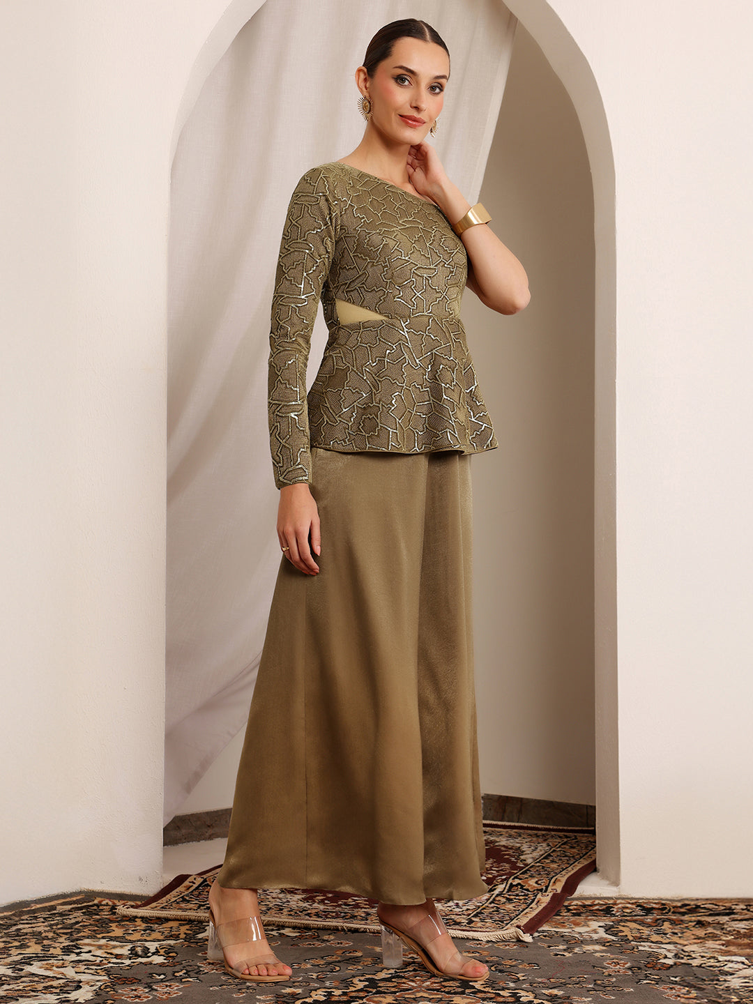 Lila Zari Dark Beige Geometric Peplum Satin Jumpsuit
