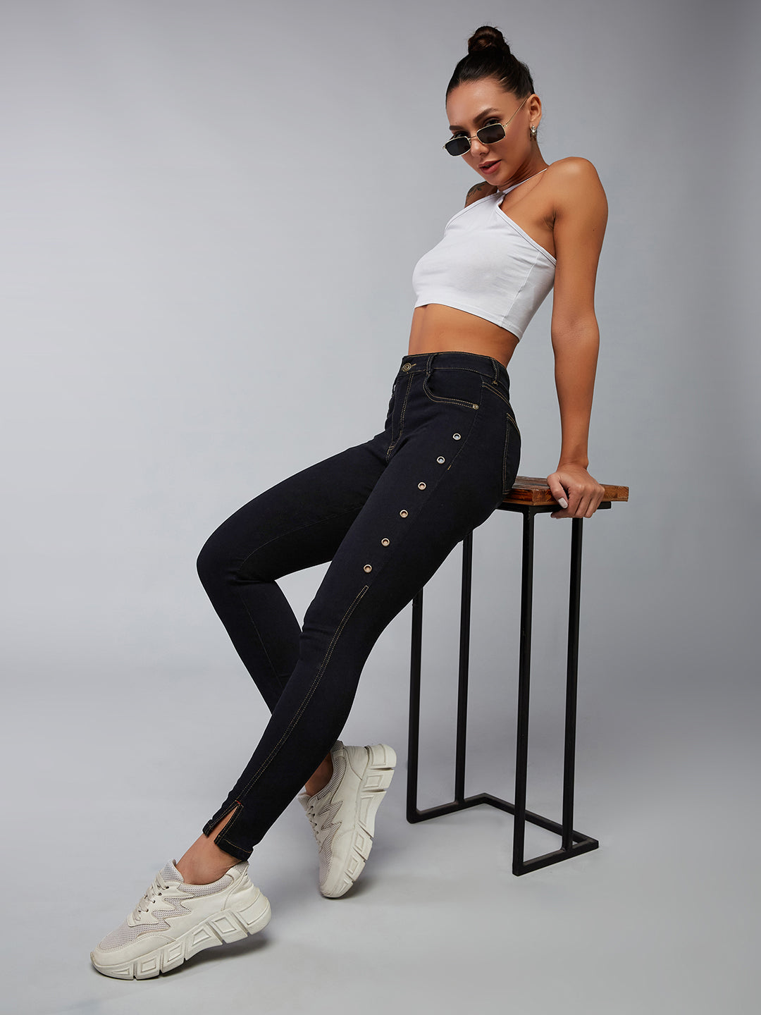 Women's Black Skinny High-Rise Side-Slit Solid Eyelet Embellished Cropped-Length Stretchable Denim Jeans