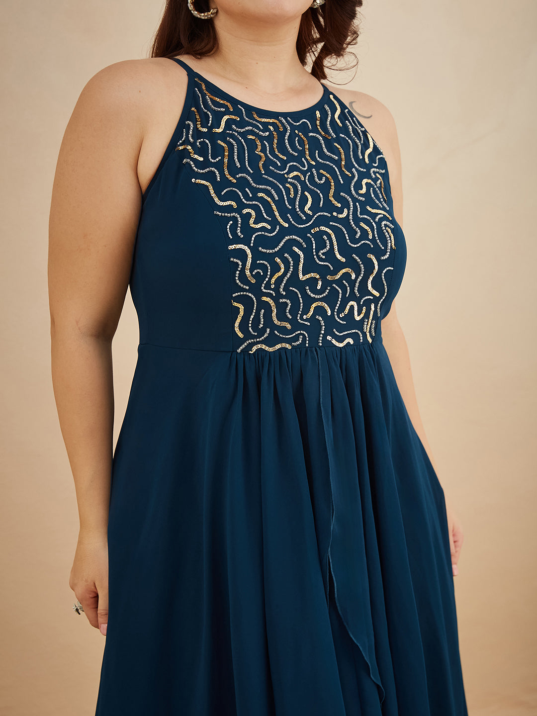 Teal Round Neck Sleeveless Solid Embellished Maxi Dress for Women