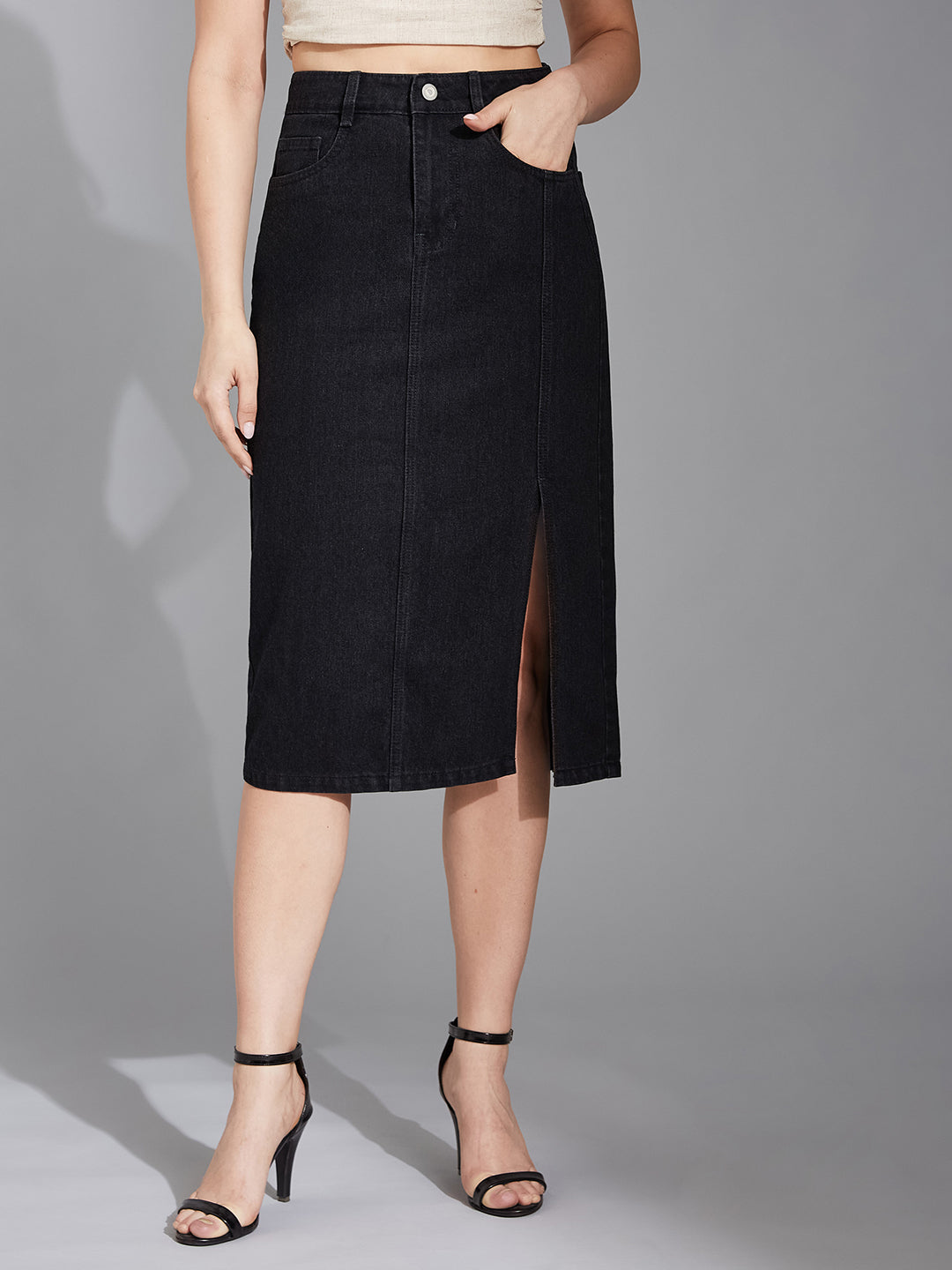Black Straight-Fit High-Rise Clean-Look Stretchable Denim Midi Skirt for Women