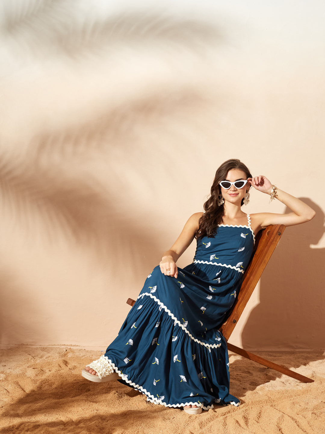 Teal Bohemian Multicolored Tiered Maxi Dress with Square Neck and Smocked Back for Women