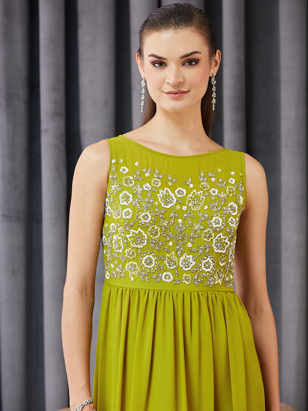 Women's Lemon Green Boat Neck Sleeveless Embroidered Georgette Gathered Maxi Dress
