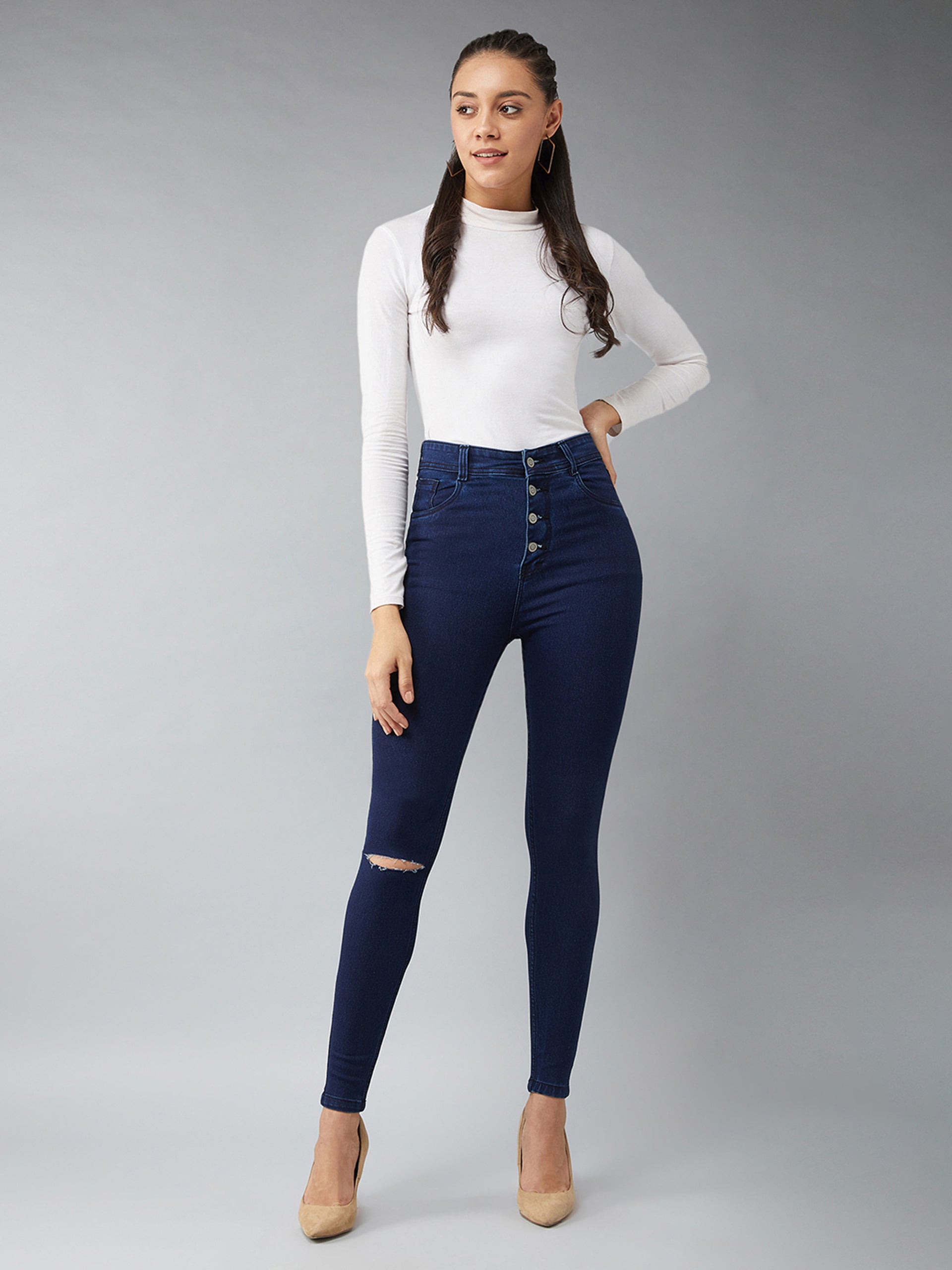 CHASEstretch™ Navy-Blue Skinny High-Rise Knee-Slit Denim Jeans