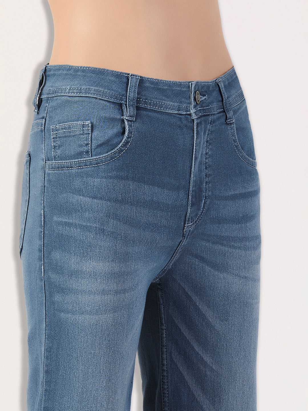 Women's Light Blue Wide-Leg Mid-Rise Blast-Effect Lightweight Denim Jeans