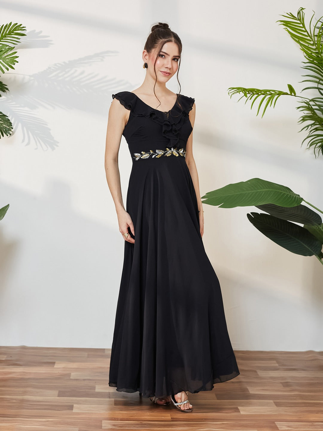 Black Sleeveless Embroidered Ruffled Georgette Maxi Dress for Women