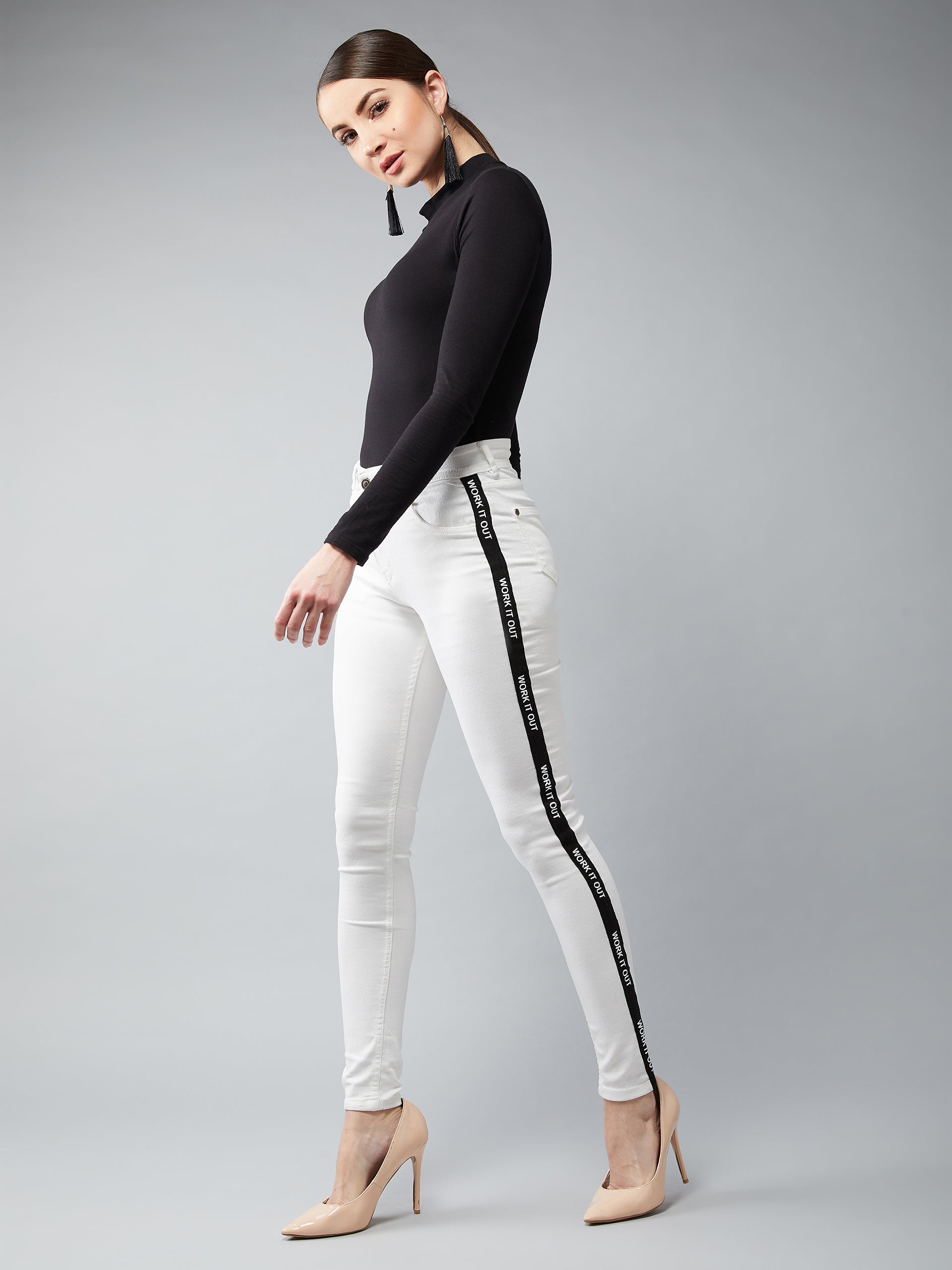 Women's White Skinny Mid-Rise Twill Tape Detailing Stretchable Denim Jeans