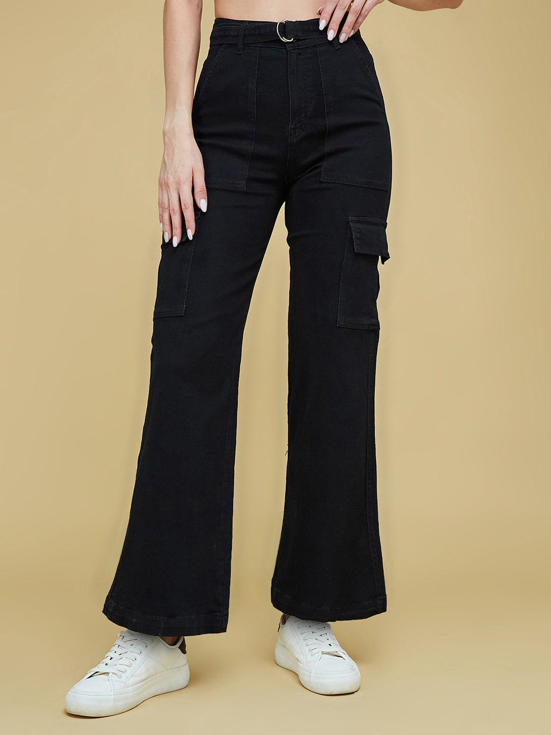 Black Wide-Leg High-Rise Clean-Look Regular Stretchable Denim Jeans for Women