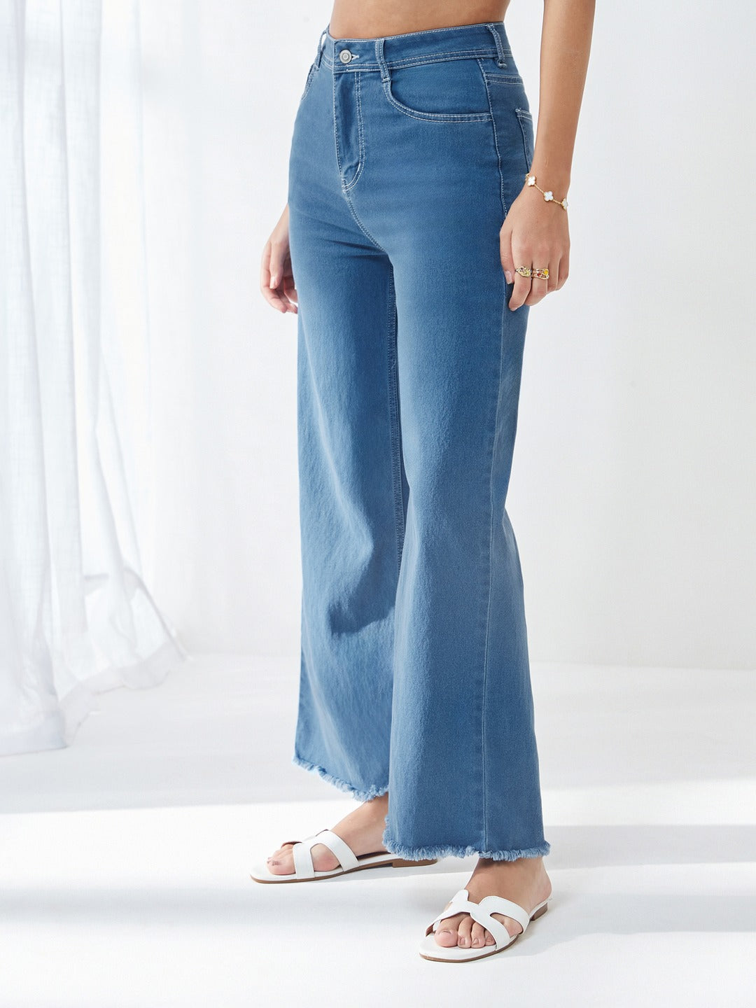 Blue Wide-Leg High-Rise Stretchable Denim Jeans for Women