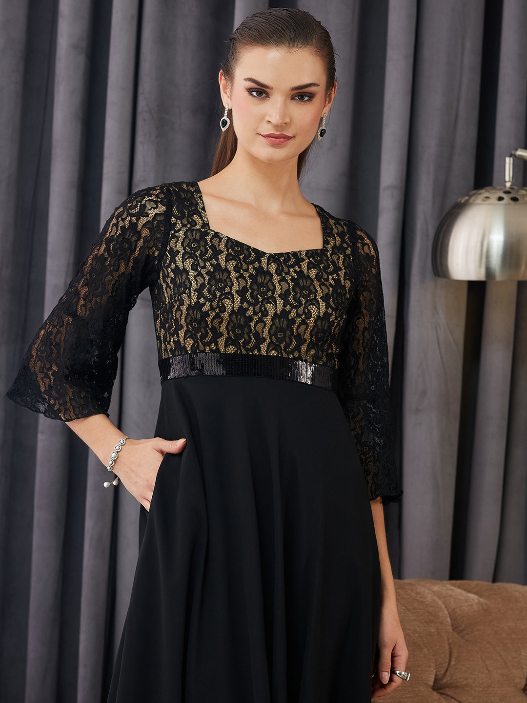 Women's Black Sweetheart-Neck Full Sleeve Floral Lace-Overlaid Georgette Maxi Dress