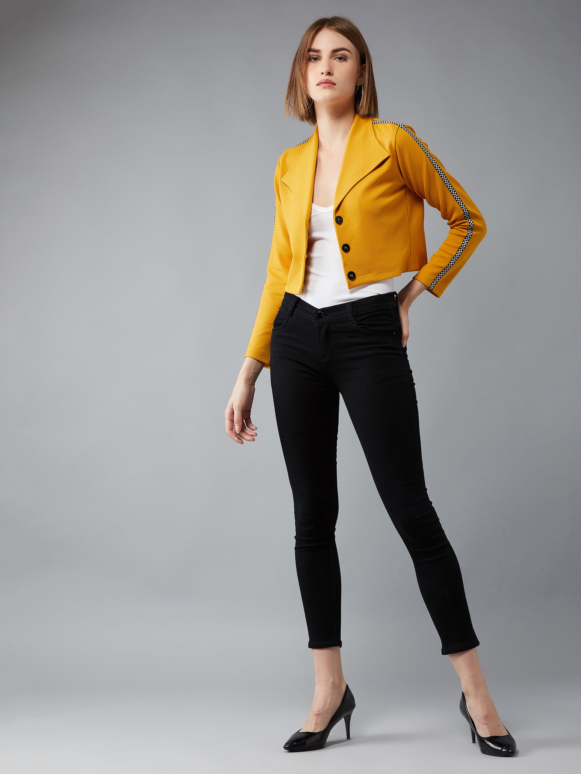 Women's Mustard Collared Full Sleeves Polyknitted Solid Cropped Twill Tape Detailing Jacket