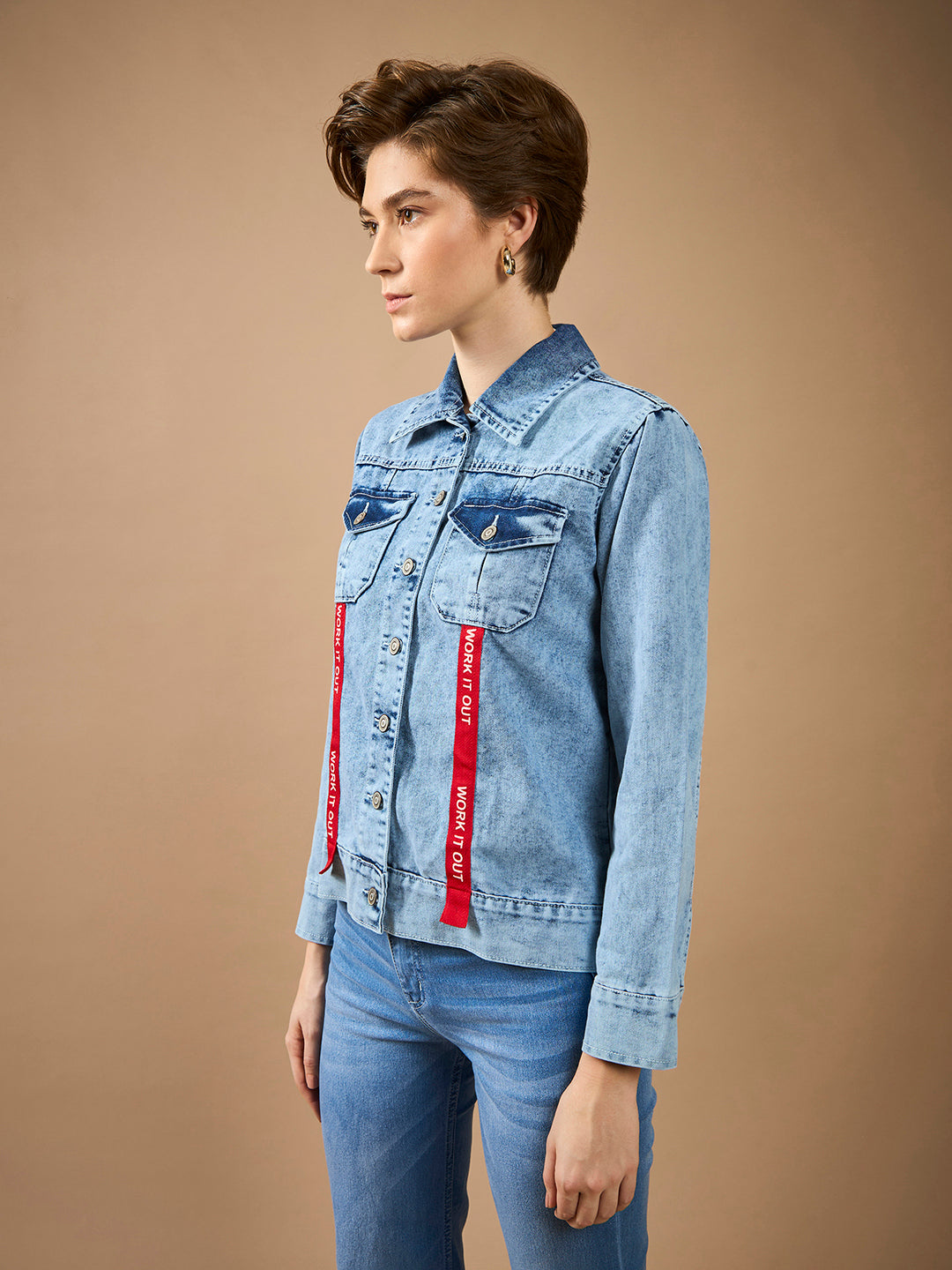 Women's Light Blue Collared Full Sleeve Buttoned Twill Tape Detailing Solid Denim Jacket