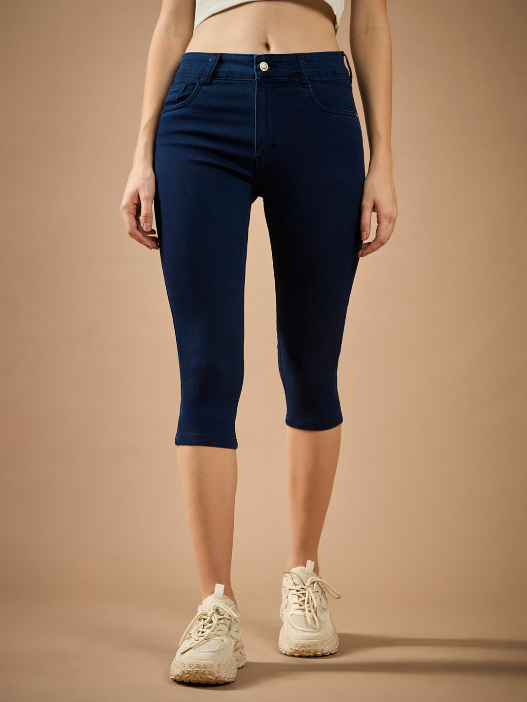 Women's Navy-Blue Skinny-Fit High-Rise Cropped-Length Clean-Look Denim Stretchable Capri Jeans
