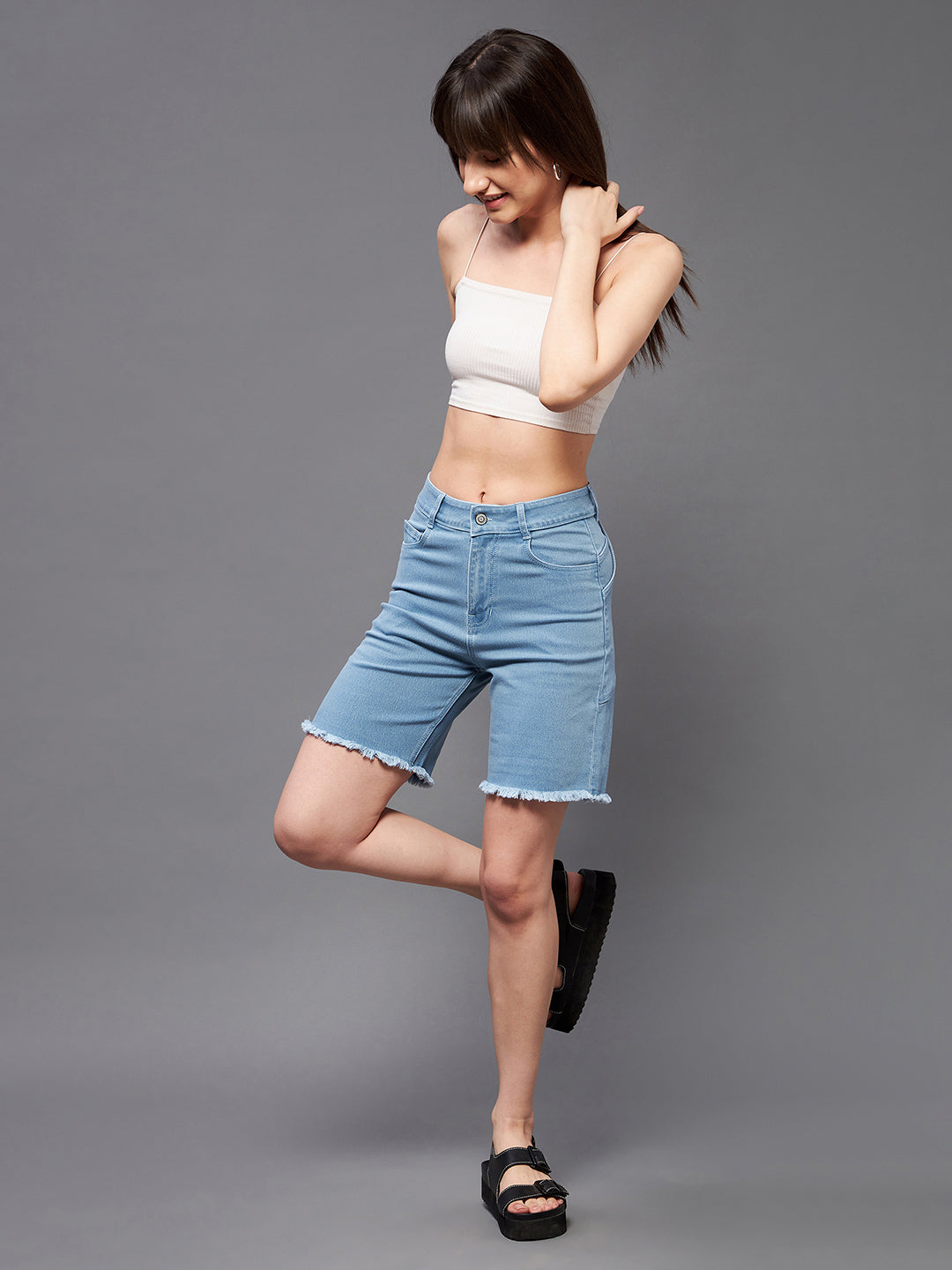 Women's Light Blue Regular High-Rise Clean-Look Above Knee Stretchable Denim Shorts