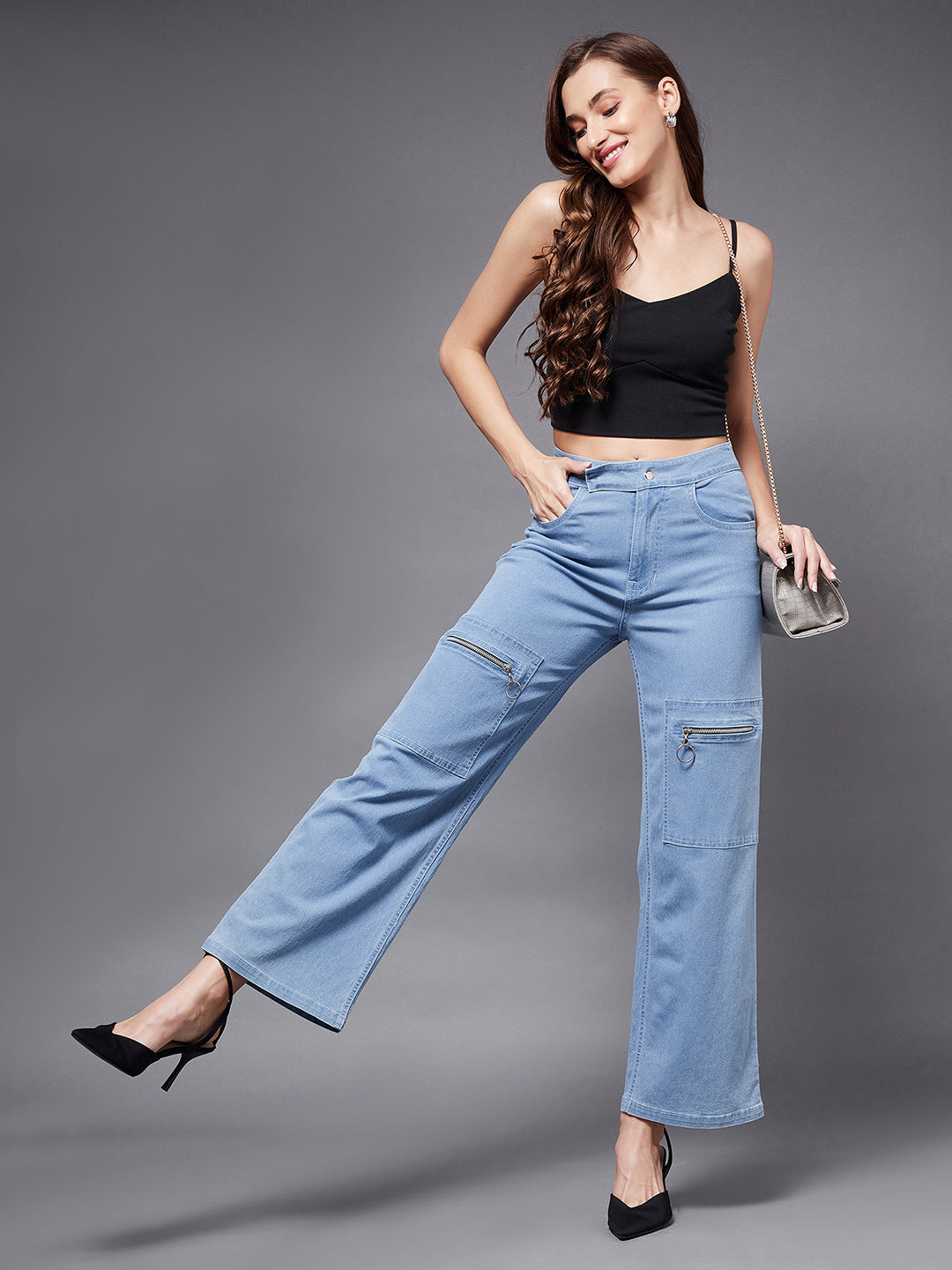 24/7 Comfort Light Blue Wide-Leg Mid-Rise Clean-Look Regular Stretchable Denim Jeans