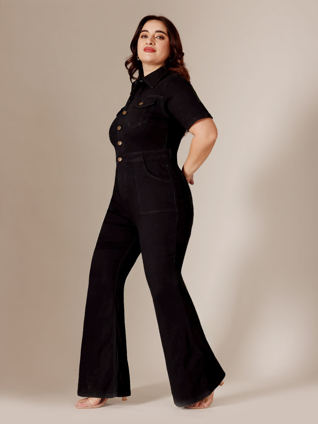 Black Flared High-Rise Stretchable Denim Jumpsuit with Collared Neck and Multiple Pockets, Regular Length for Women — Miss Chase A+