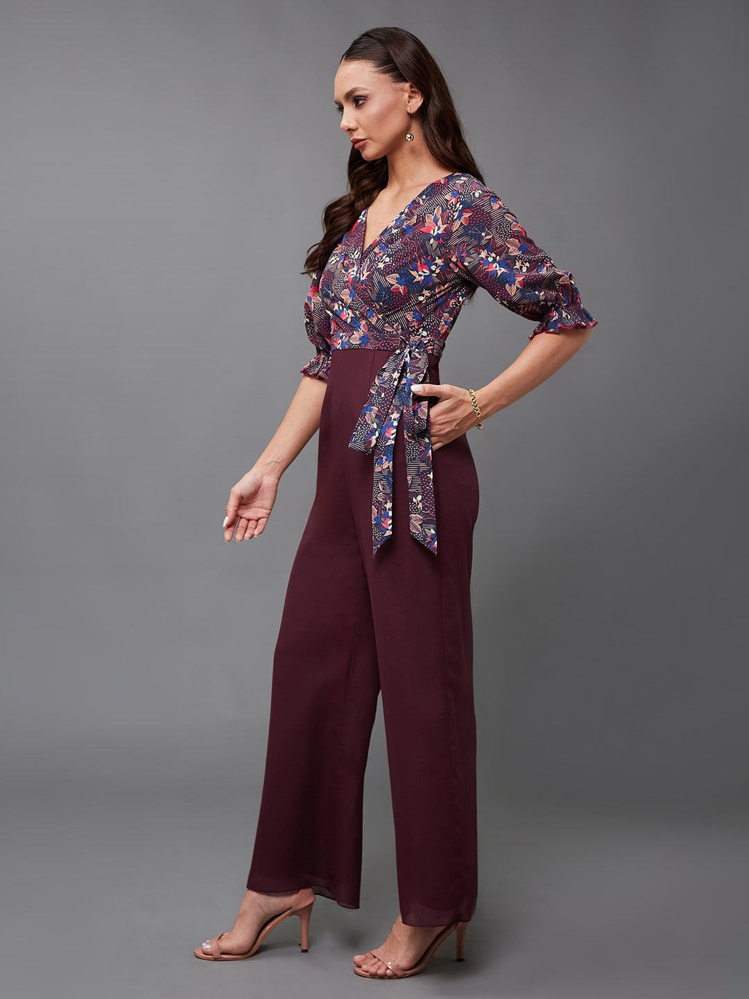 Women's Multicolored-Base-Wine V-Neck Puff Sleeve Floral Patterned Wrap Regular Georgette Jumpsuit
