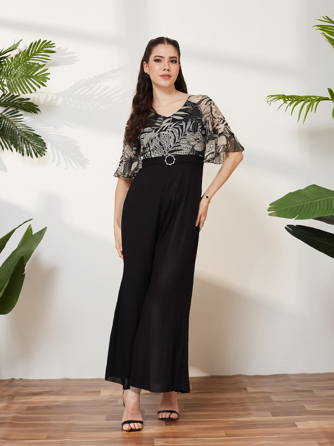 Black V Neck Ruffled Sleeve Wide Leg Regular-Length Polyester Printed Jumpsuit for Women
