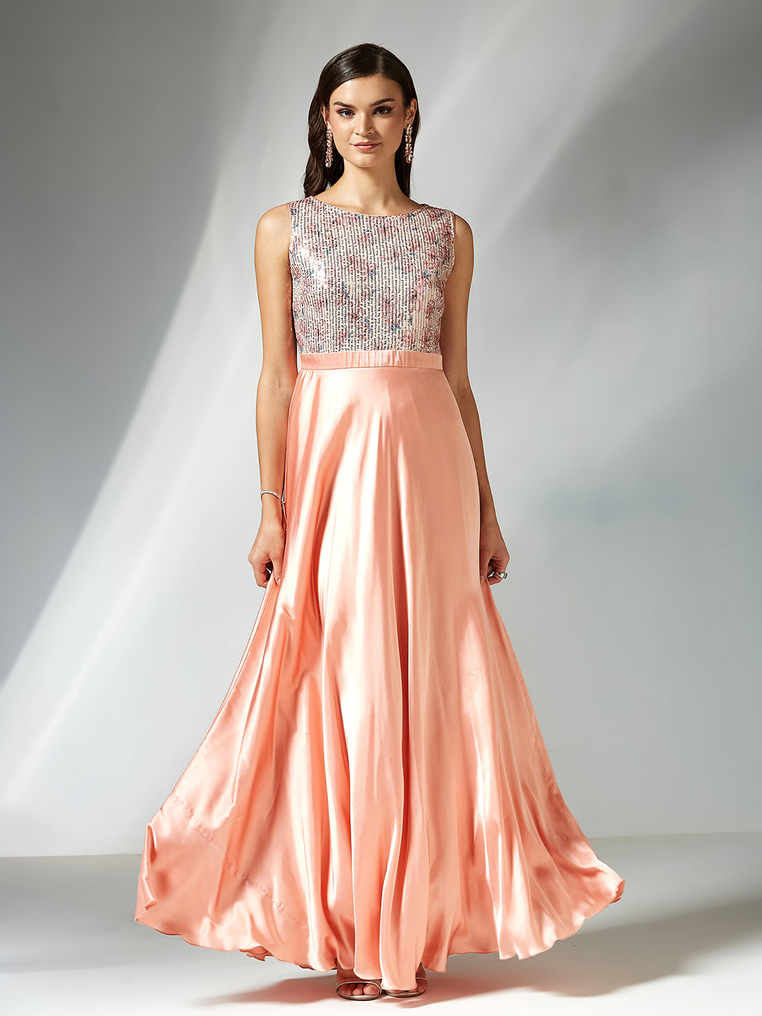 Peach Boat Neck Sleeveless Embellished Fit and Flare Maxi Dress for Women