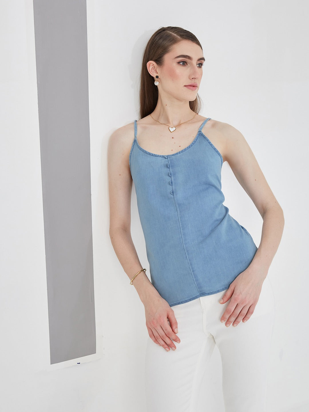 Light Blue V Neck Sleeveless Cotton Solid Denim Spaghetti Top for Women
