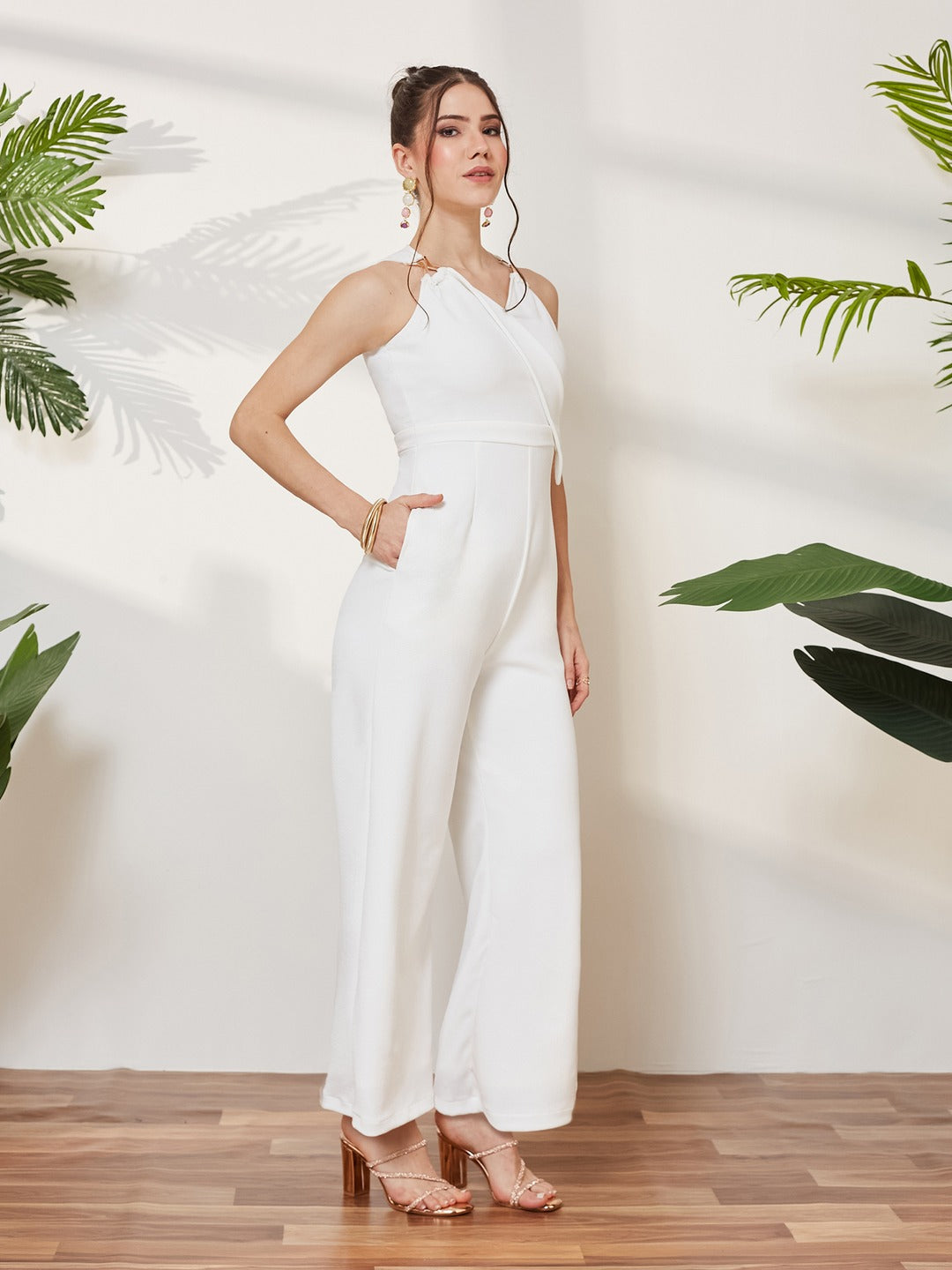 Off-White V-Neck Sleeveless Solid Wrap Polyester Jumpsuit for Women