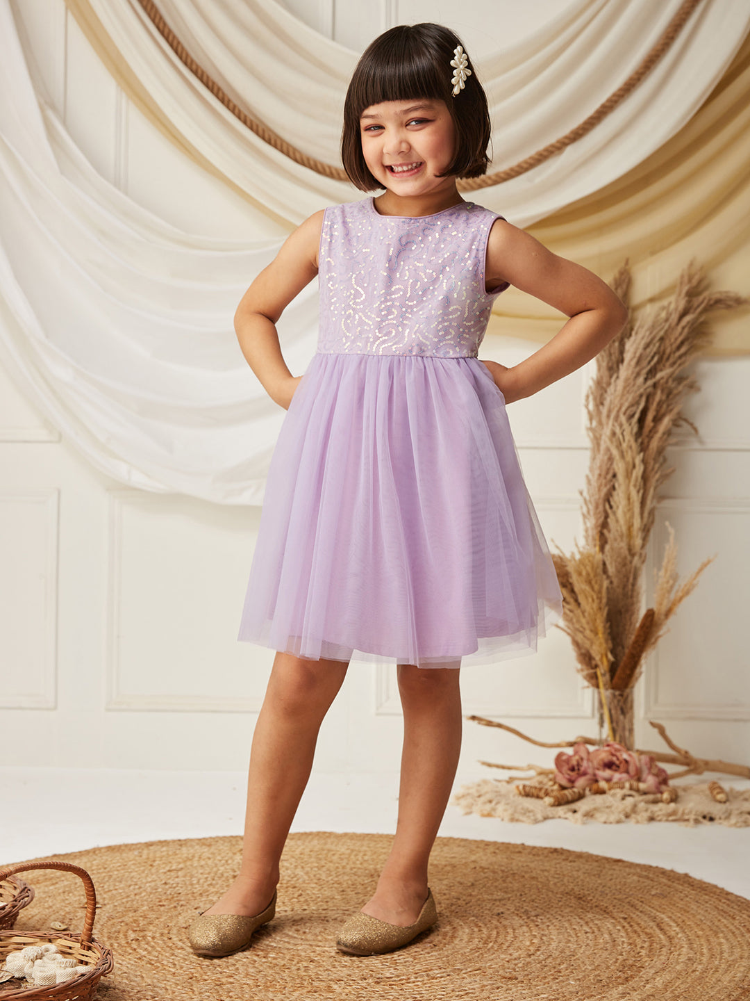 Lavender Round-Neck Sleeveless Embellished Fit & Flare Polyester Knee-Long Dress