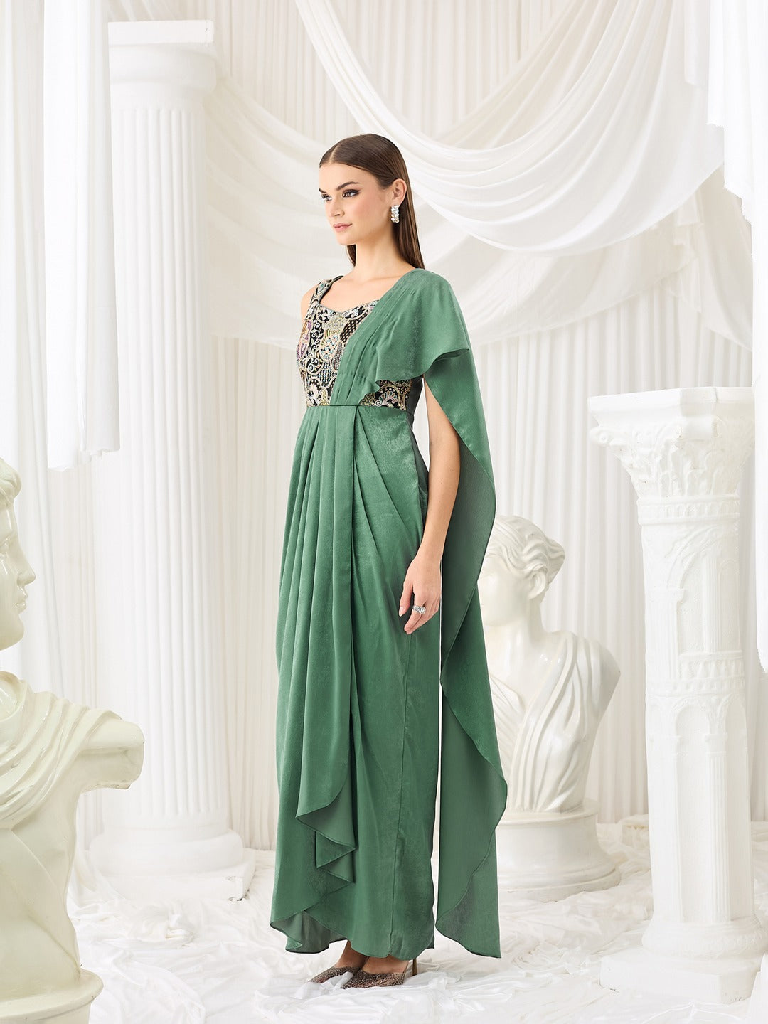 Siege Green Sweetheart Neck Sleeveless Embroidered Pleated Satin Maxi Dress for Women
