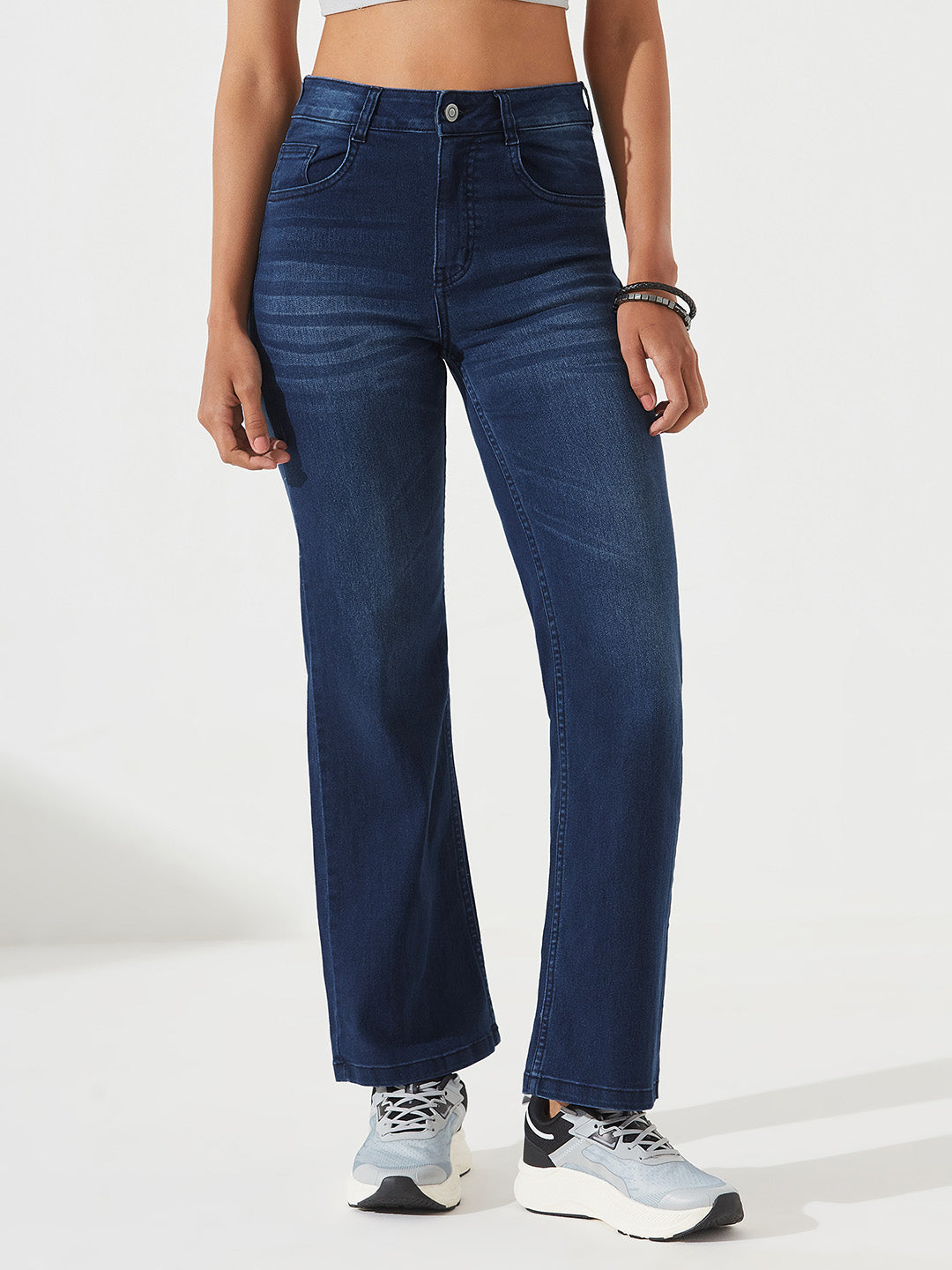 POWER STRETCH Navy Blue Straight-Fit Mid-Rise Denim Jeans For Women