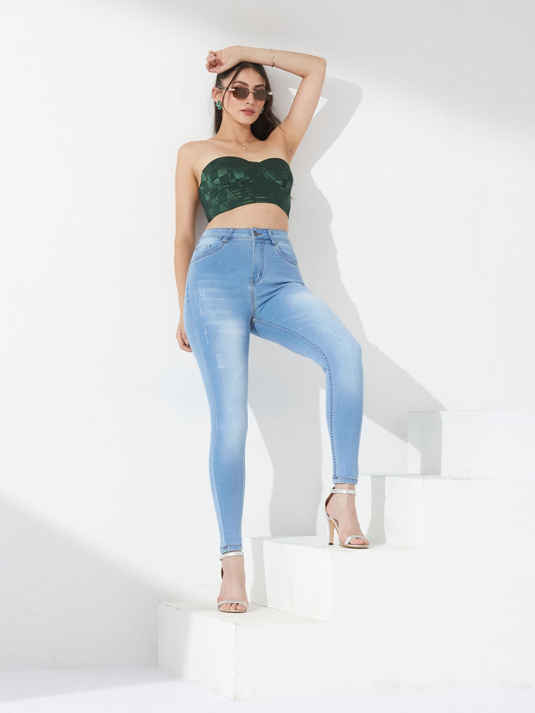 Light Blue High-Rise Mildly-Distressed Stretchable Denim Skinny Jeans for Women